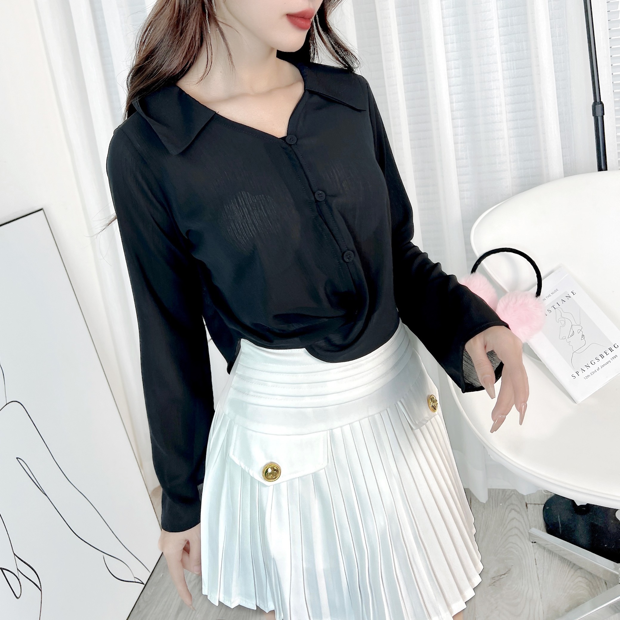 Áo Kiểu Nữ Sơ Mi Tay Loe Dài Phối Nút Bọc 3 Màu Nữ Tính Chất Tơ Vân Lụa Đi Làm Đi Chơi MIMIX - DO9