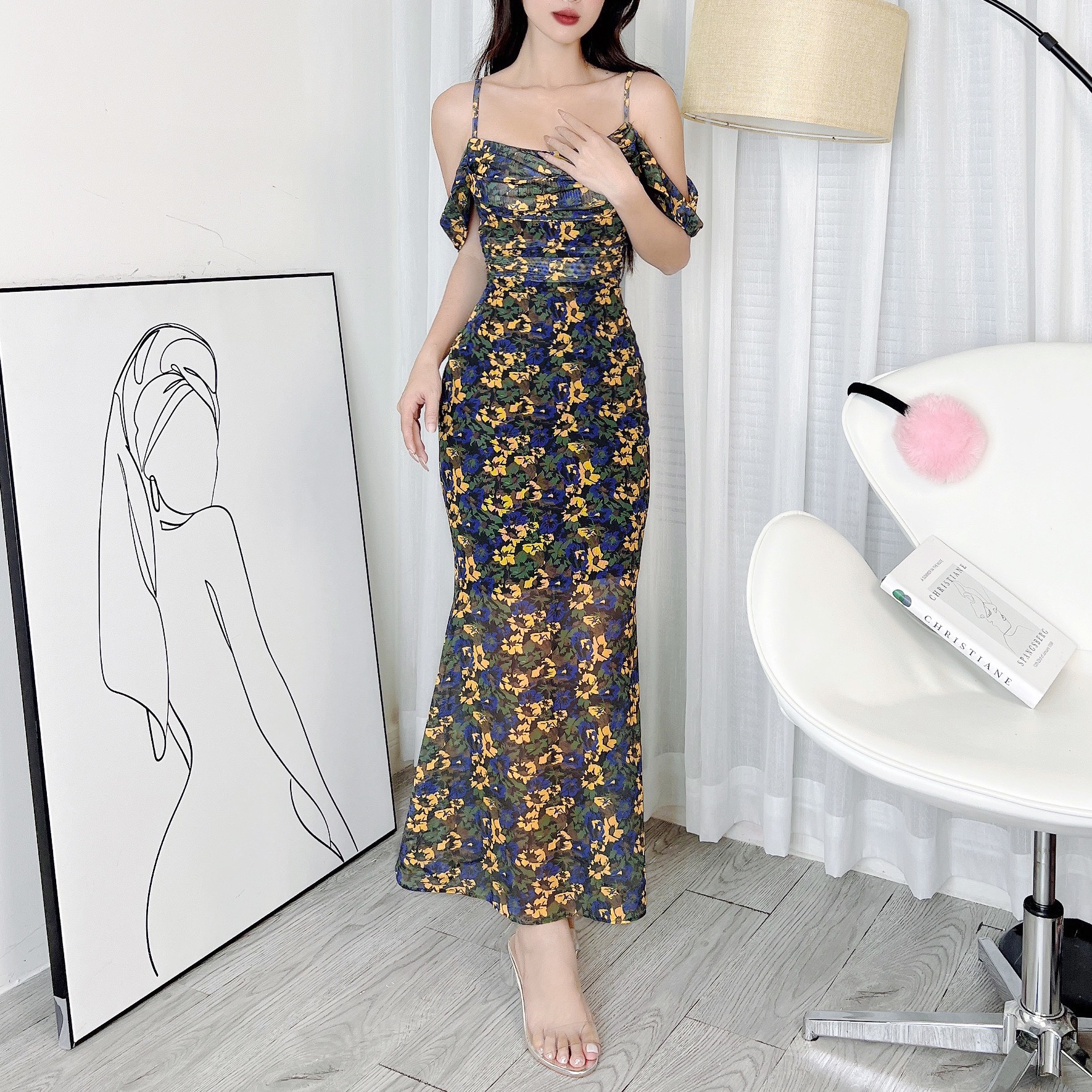 Đầm 2 Dây Hoa Cổ Đổ Rớt Tay Dáng Dài Chất Thun Lưới In Hoa Đi Tiệc Sang Trọng MIMIX - DF9