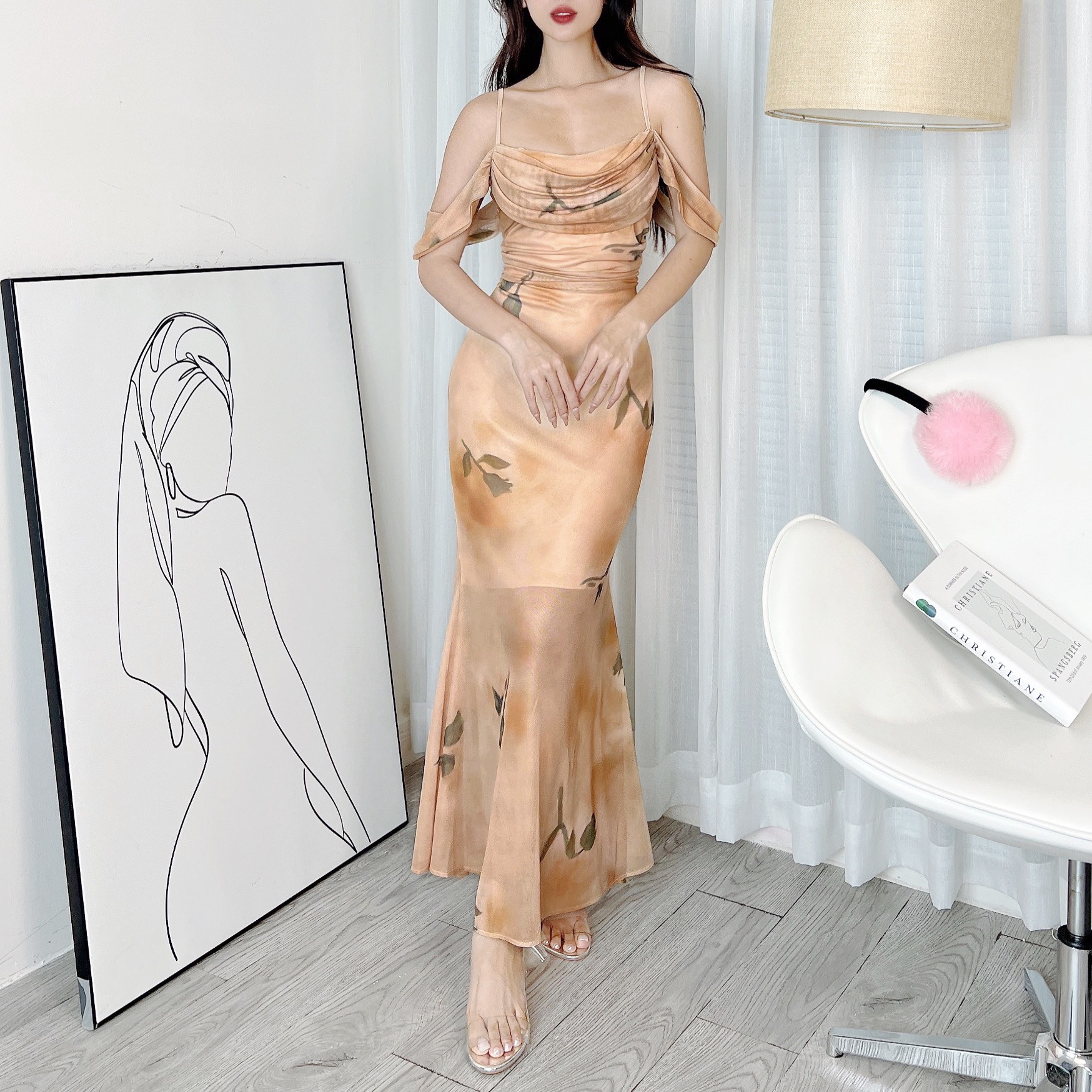 Đầm 2 Dây Hoa Cổ Đổ Rớt Tay Dáng Dài Chất Thun Lưới In Hoa Đi Tiệc Sang Trọng MIMIX - DF9