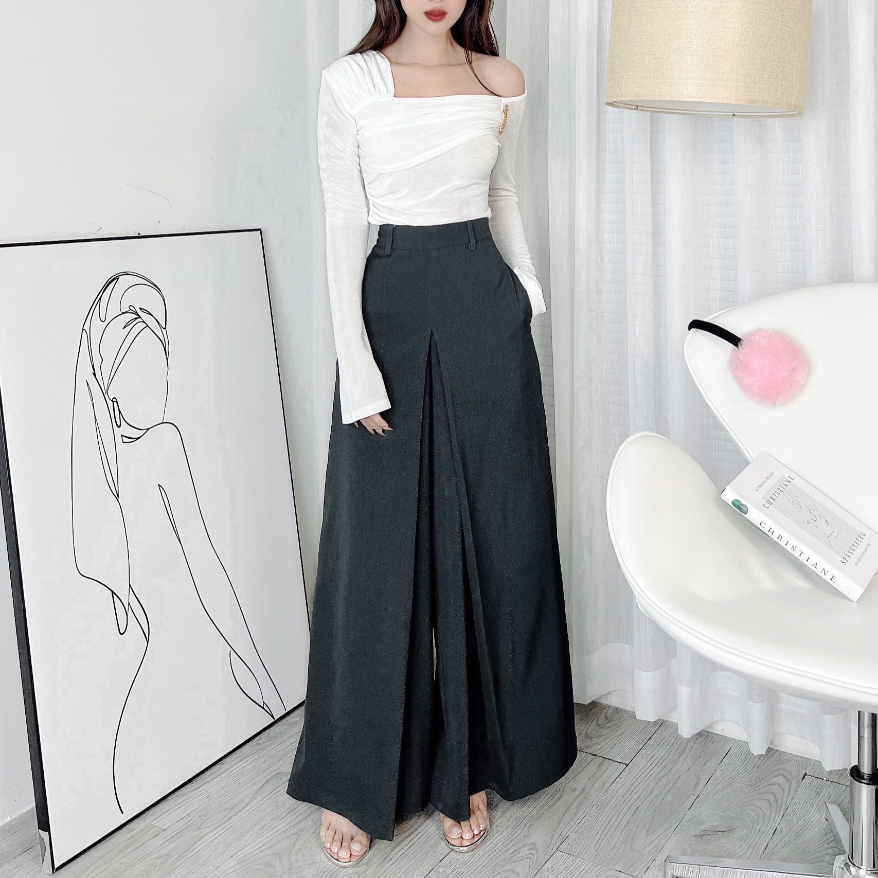 Quần Tây MIMIX Nữ Cạp Cao Ống A Xếp Ly Trước 3 Chất Chéo Hàn Tôn Dáng Công Sở - EA8