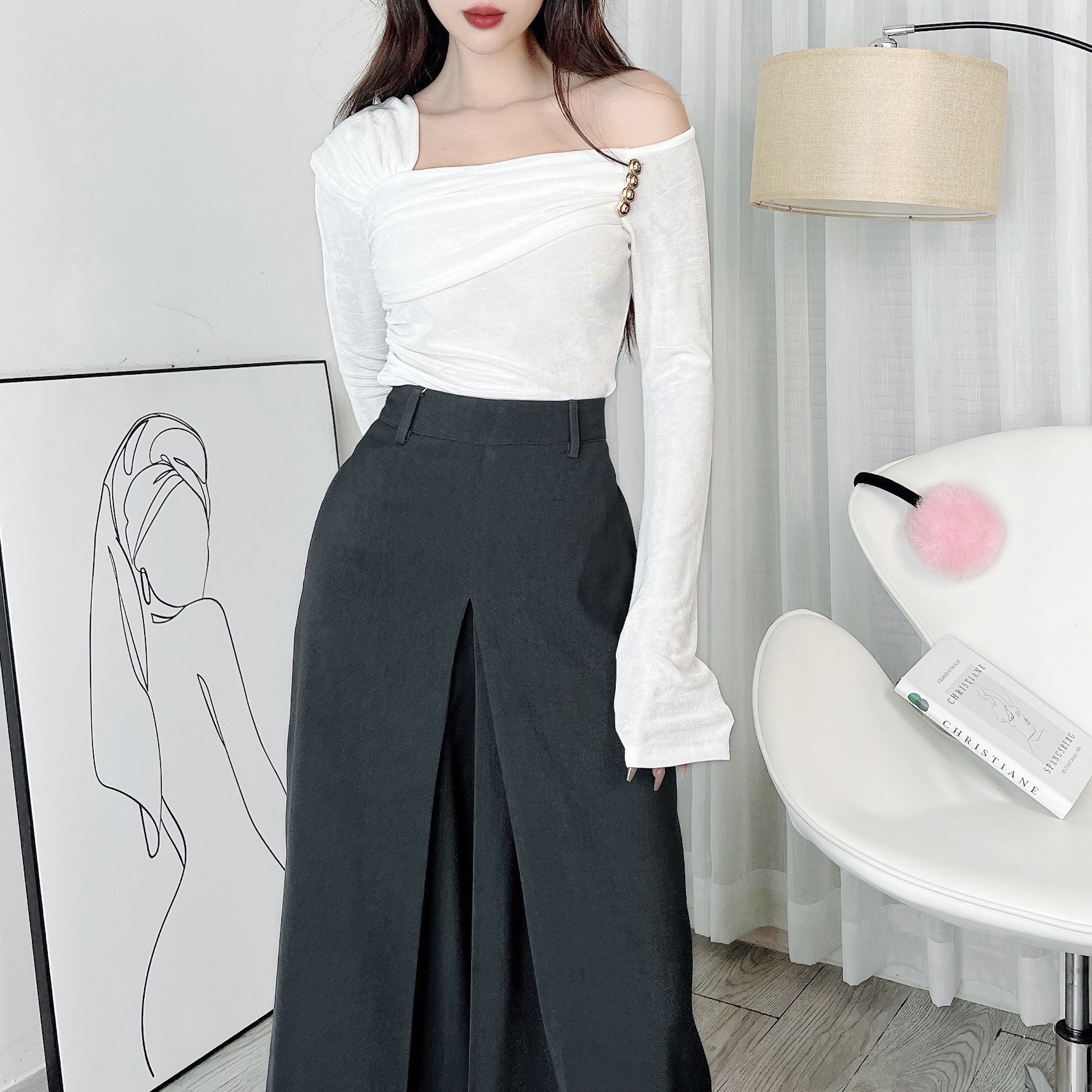 Quần Tây MIMIX Nữ Cạp Cao Ống A Xếp Ly Trước 3 Chất Chéo Hàn Tôn Dáng Công Sở - EA8