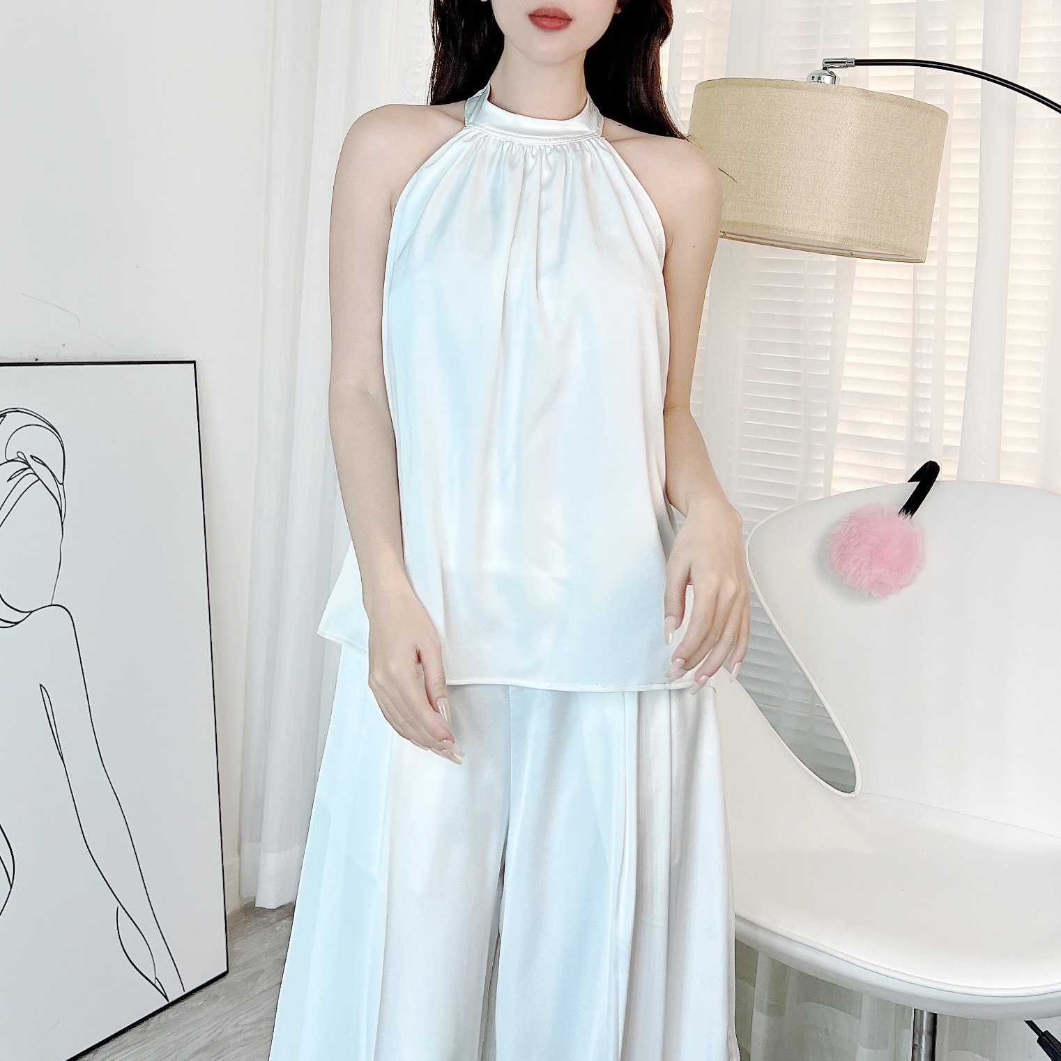 Set Yếm Trơn Nữ Áo Thắt Dây Kèm Chân Váy Phối Bo Chun Dáng Dài Chất Lụa Đi Tiệc MIMIX - EB4
