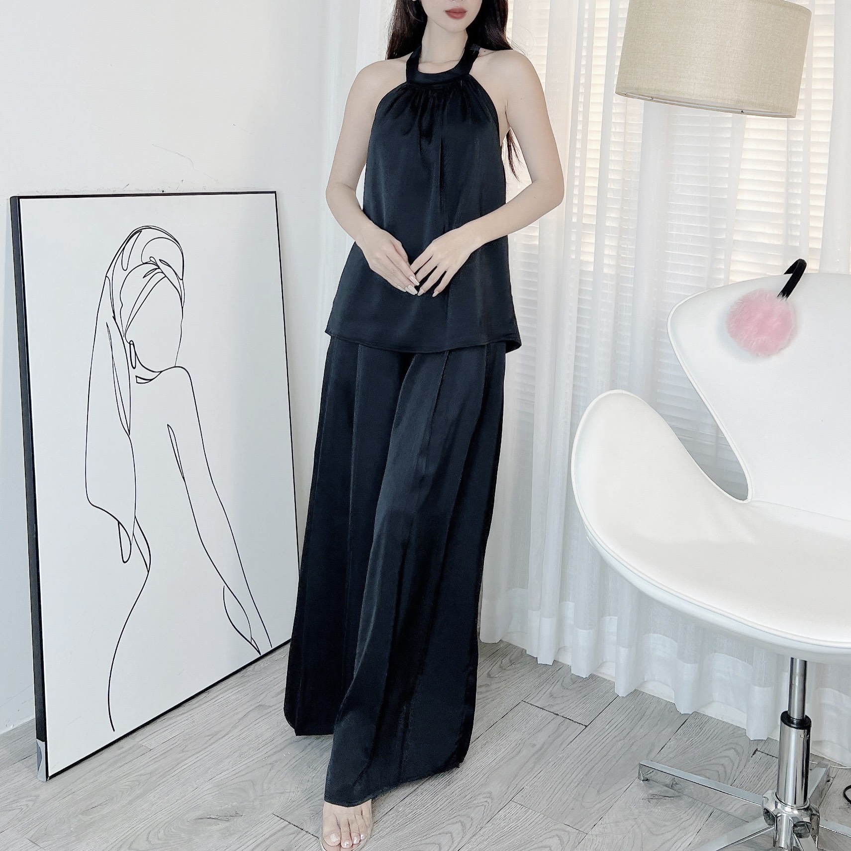 Set Yếm Trơn Nữ Áo Thắt Dây Kèm Chân Váy Phối Bo Chun Dáng Dài Chất Lụa Đi Tiệc MIMIX - EB4