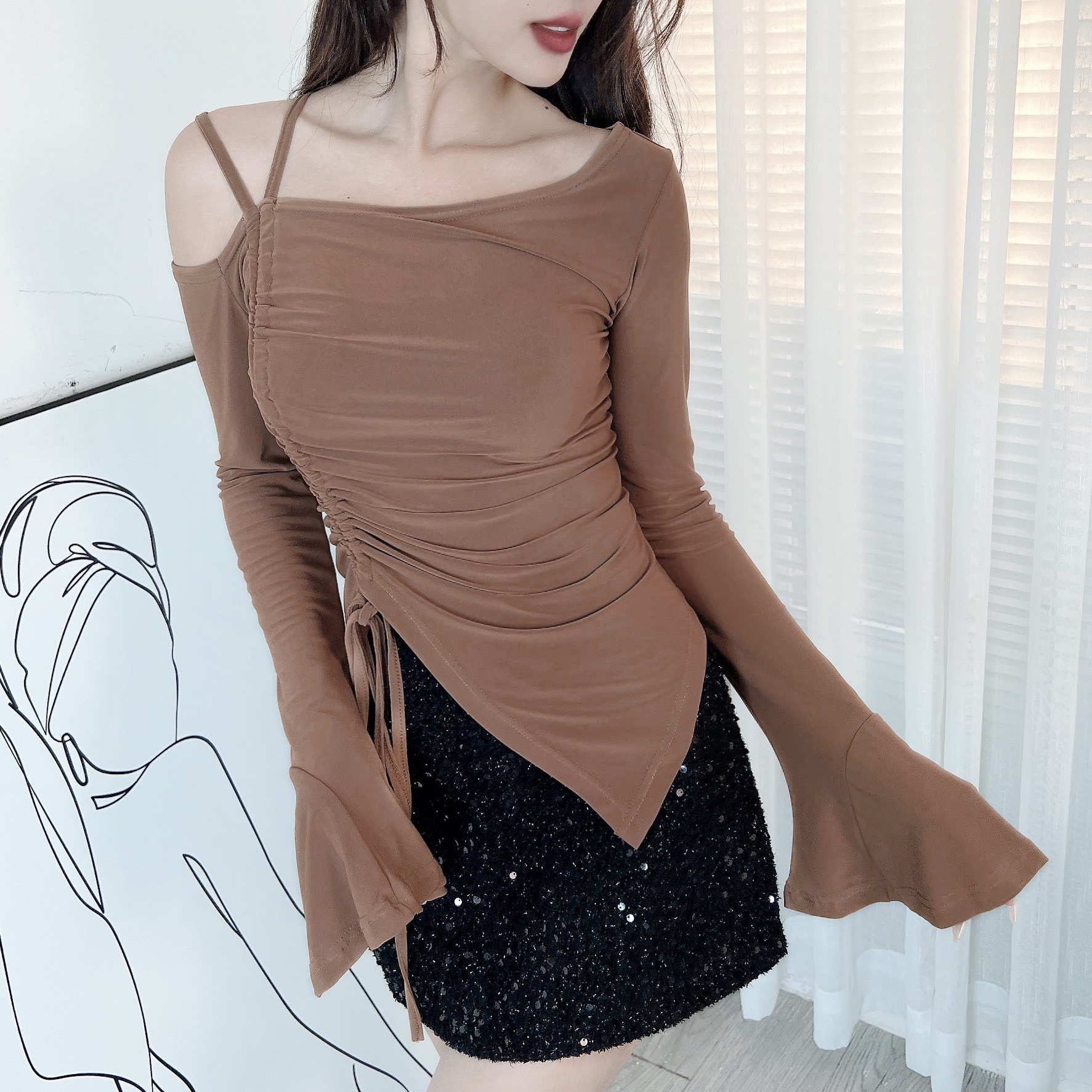 Áo Kiểu Nữ Trơn Lệch Vai Phối Dây Rút Kèm Tay Loe Chất Thun Ladong Dày Đi Chơi MIMIX - EB2