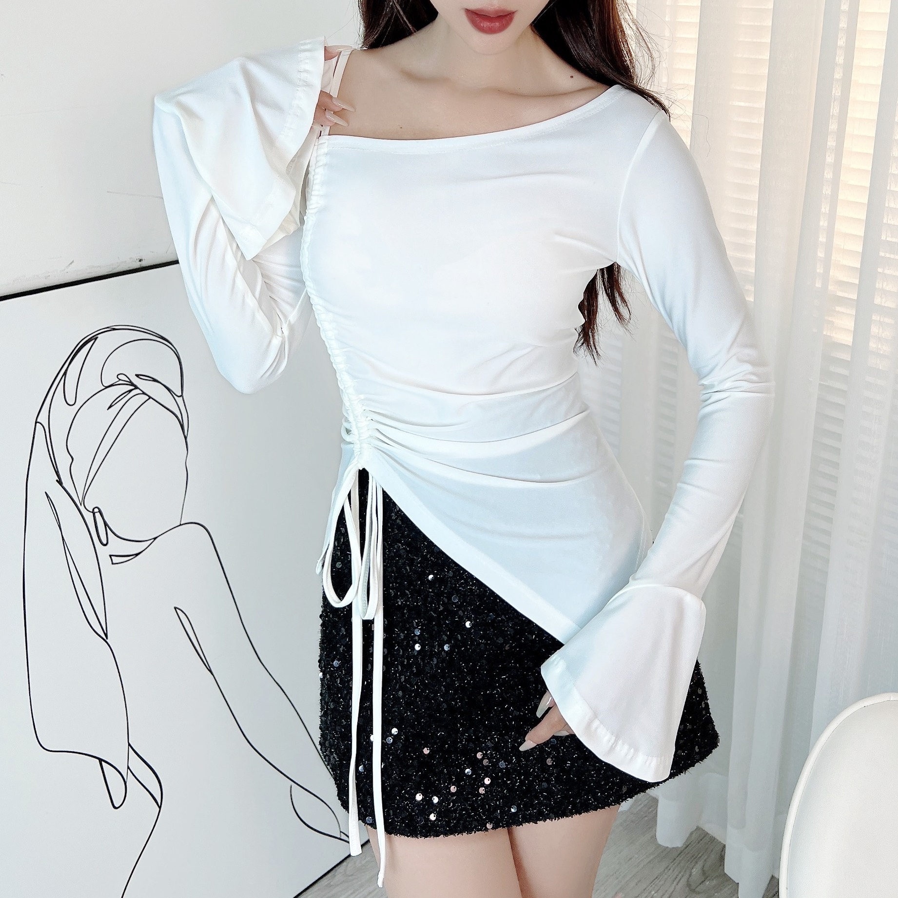 Áo Kiểu Nữ Trơn Lệch Vai Phối Dây Rút Kèm Tay Loe Chất Thun Ladong Dày Đi Chơi MIMIX - EB2