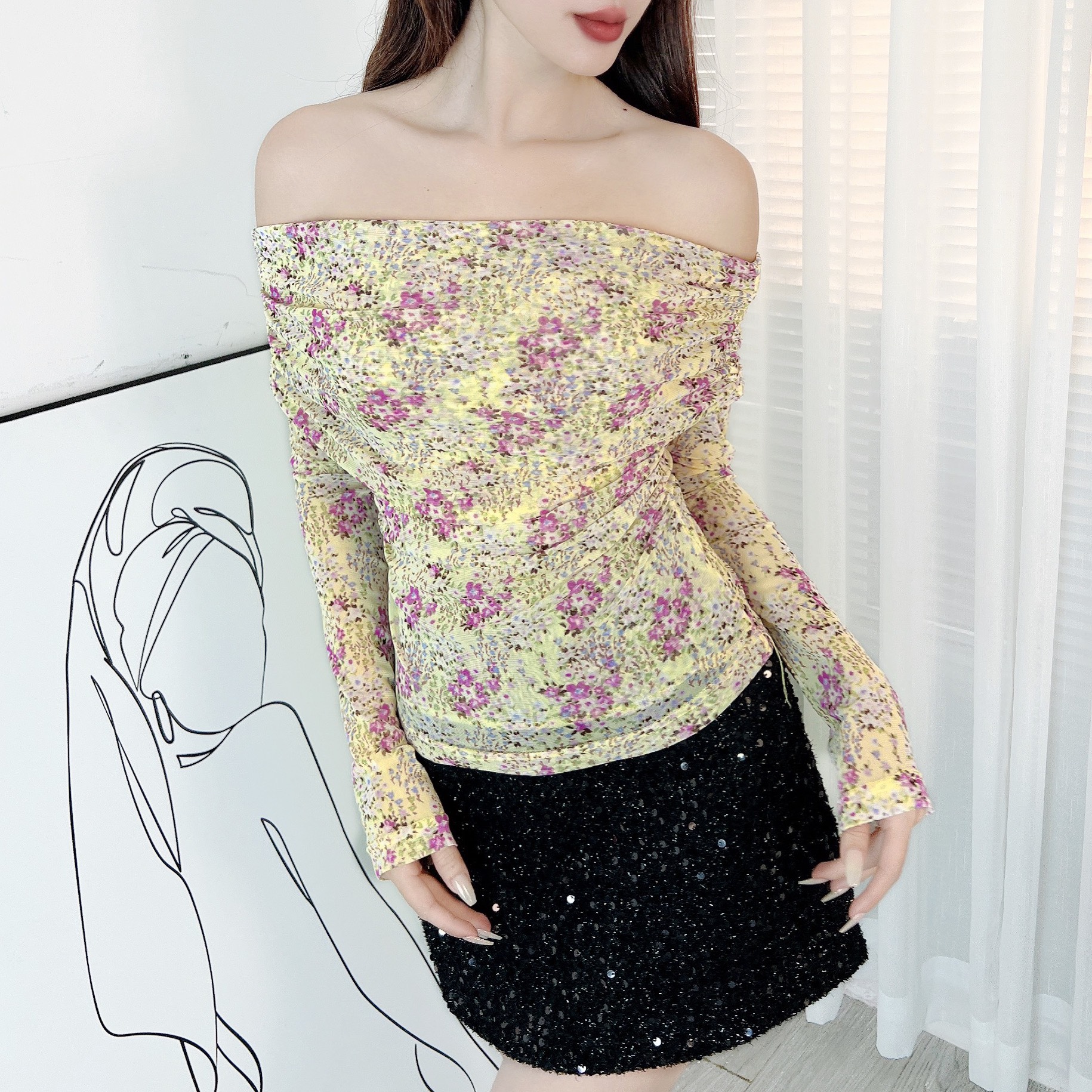 Áo Kiểu Nữ Hoa Tay Dài Trễ Vai Chất Thun Lưới In Hoa Đi Dạo Phố MIMIX - EB1