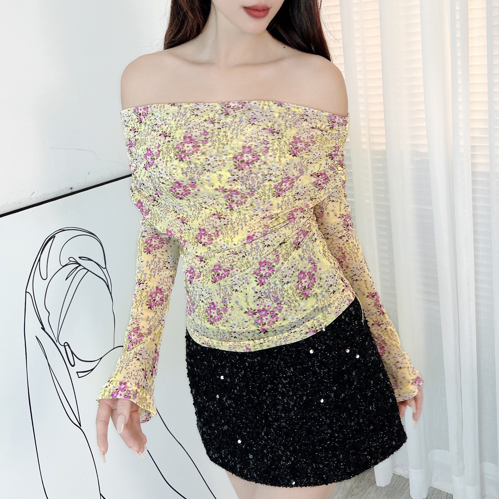 Áo Kiểu Nữ Hoa Tay Dài Trễ Vai Chất Thun Lưới In Hoa Đi Dạo Phố MIMIX - EB1