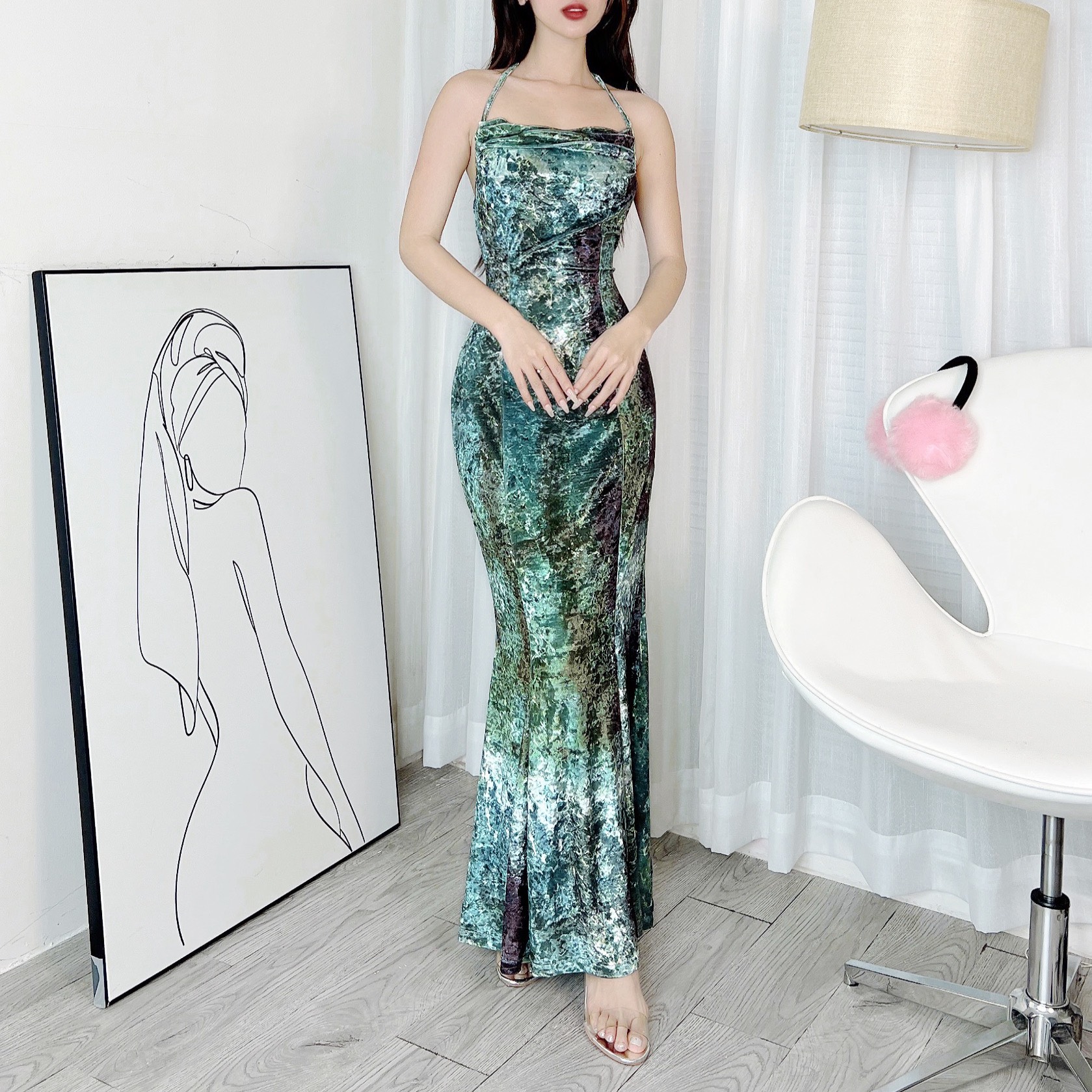 Đầm Body Nữ Dây Yếm Dáng Đuôi Cá In Họa Tiết Chất Nhung Đá In Đi Tiệc MIMIX - EC3