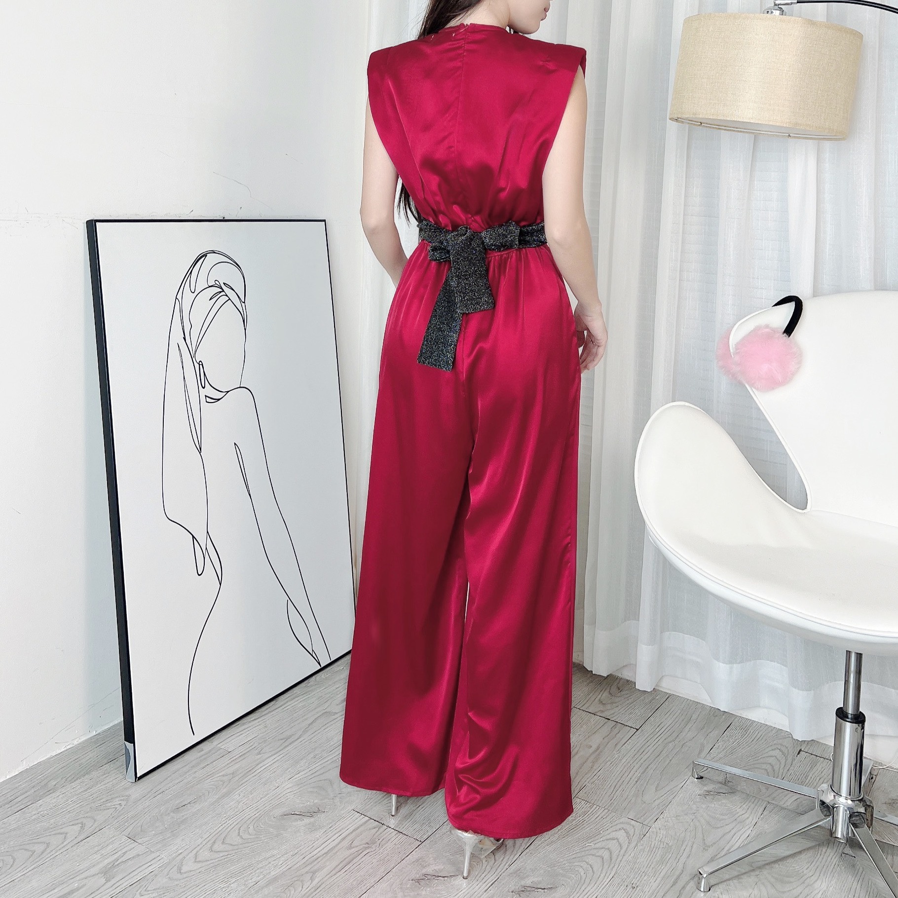 Jumpsuit Nữ Trơn Dáng Dài Cổ V Ống Phối Xẻ Chất Lụa Satin Đi Tiệc MIMIX - DG0