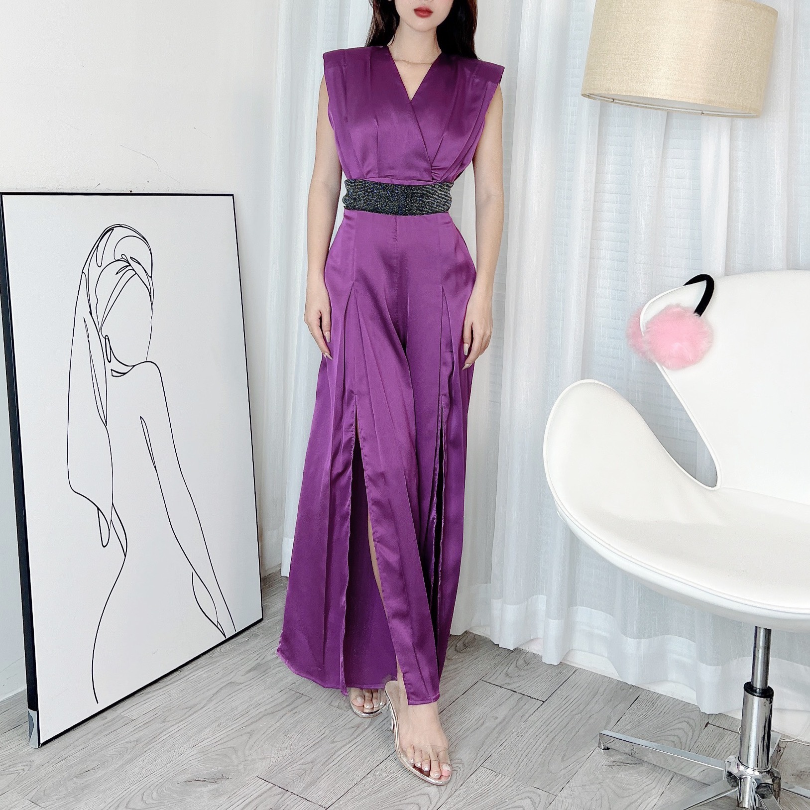 Jumpsuit Nữ Trơn Dáng Dài Cổ V Ống Phối Xẻ Chất Lụa Satin Đi Tiệc MIMIX - DG0
