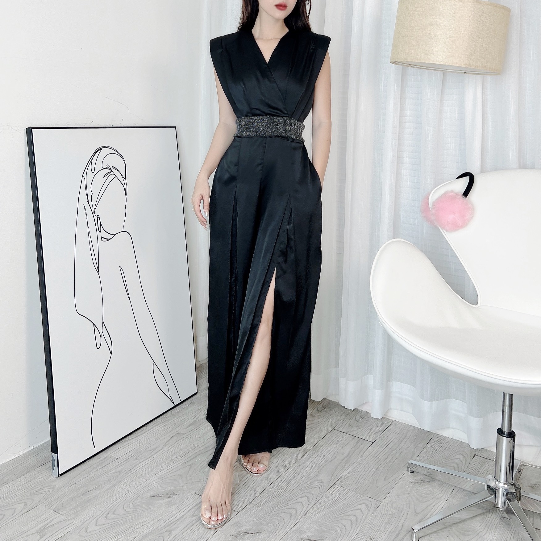 Jumpsuit Nữ Trơn Dáng Dài Cổ V Ống Phối Xẻ Chất Lụa Satin Đi Tiệc MIMIX - DG0
