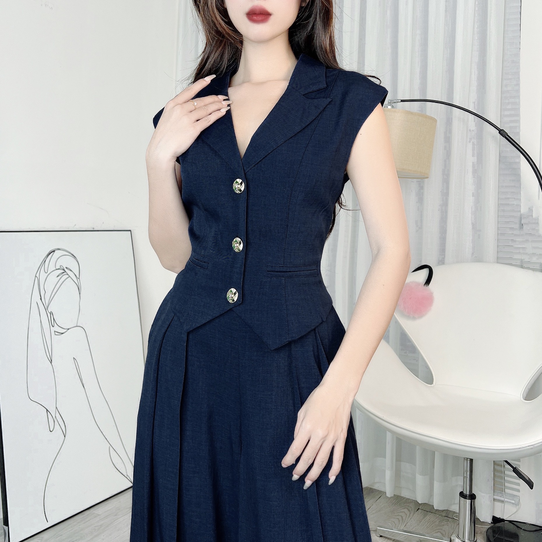 Set Gile Cổ Vest Trơn Nữ Kèm Quần Ống Rộng Dáng Dài Xếp Ly Chất Chéo Ruby Đi Làm Đi Tiệc MIMIX - EC4