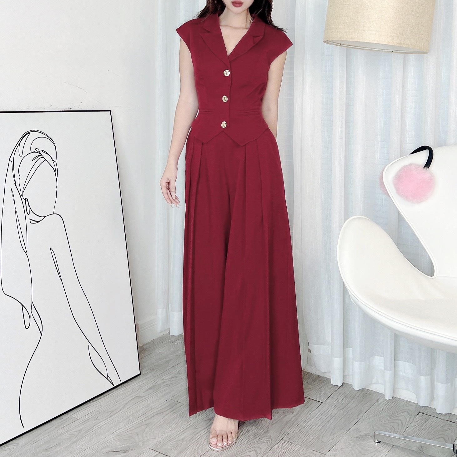 Set Gile Cổ Vest Trơn Nữ Kèm Quần Ống Rộng Dáng Dài Xếp Ly Chất Chéo Ruby Đi Làm Đi Tiệc MIMIX - EC4