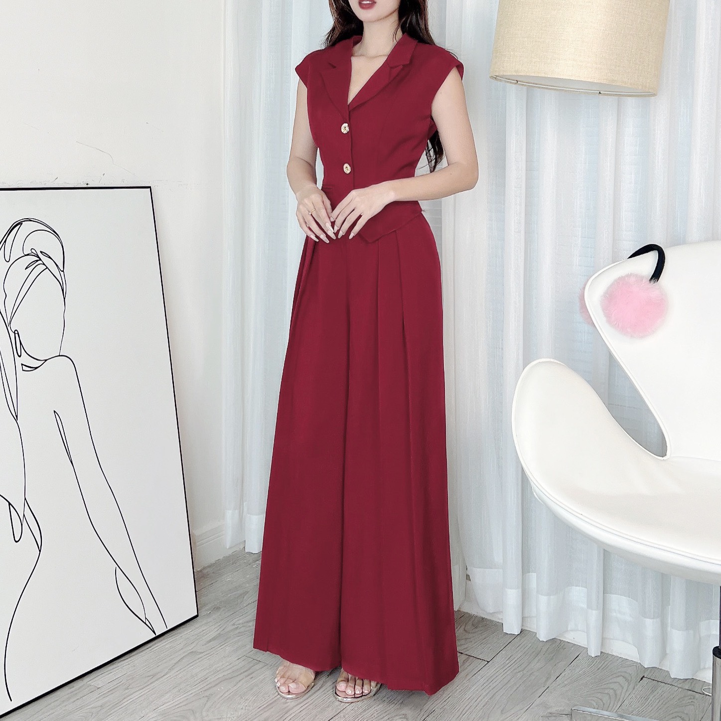 Set Gile Cổ Vest Trơn Nữ Kèm Quần Ống Rộng Dáng Dài Xếp Ly Chất Chéo Ruby Đi Làm Đi Tiệc MIMIX - EC4