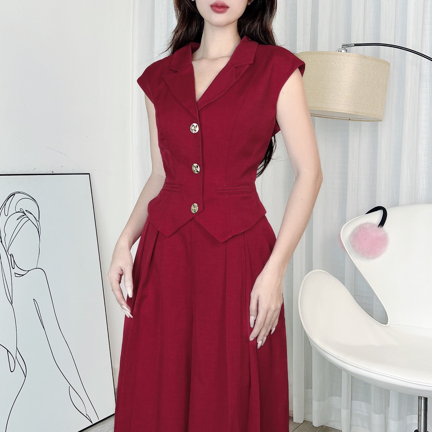 Set Gile Cổ Vest Trơn Nữ Kèm Quần Ống Rộng Dáng Dài Xếp Ly Chất Chéo Ruby Đi Làm Đi Tiệc MIMIX - EC4