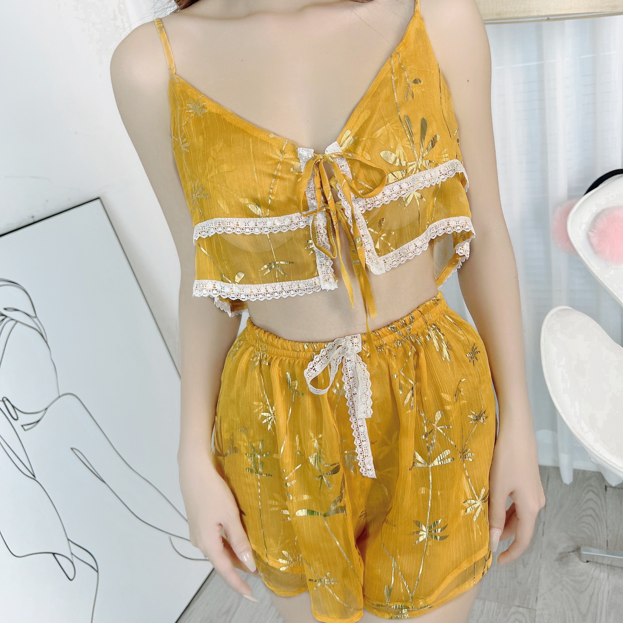 Set Bộ Short Hoa Áo 2 Dây Viền Ren Mix Quần Ngắn Chất Voan Lụa Mặc Nhà MIMIX - CL1