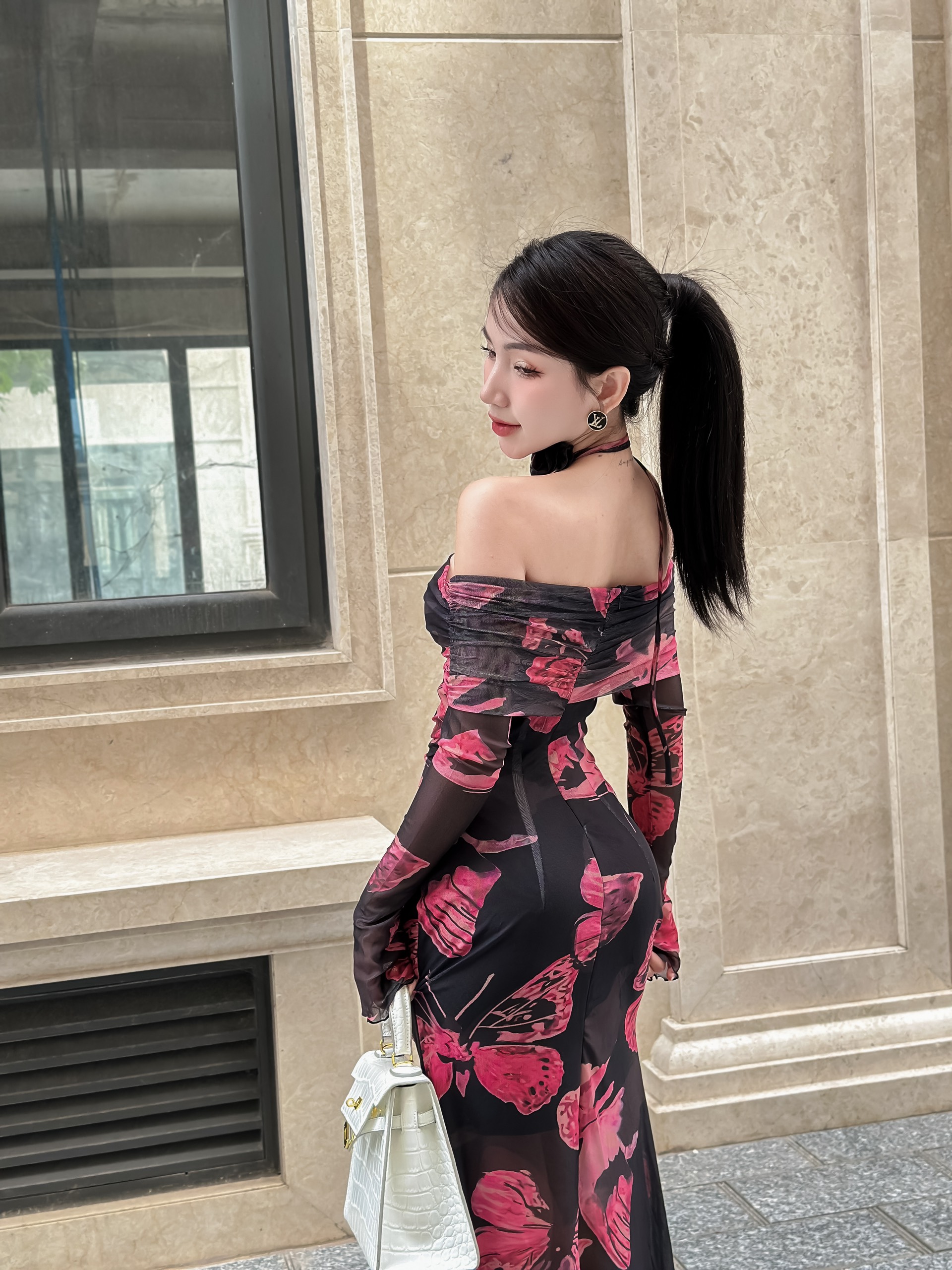 Đầm Body Tay Dài Trễ Vai Dáng Dài Chất Thun Lưới In Hoa QC Đi Tiệc Đi Du Lịch MIMIX - DZ6