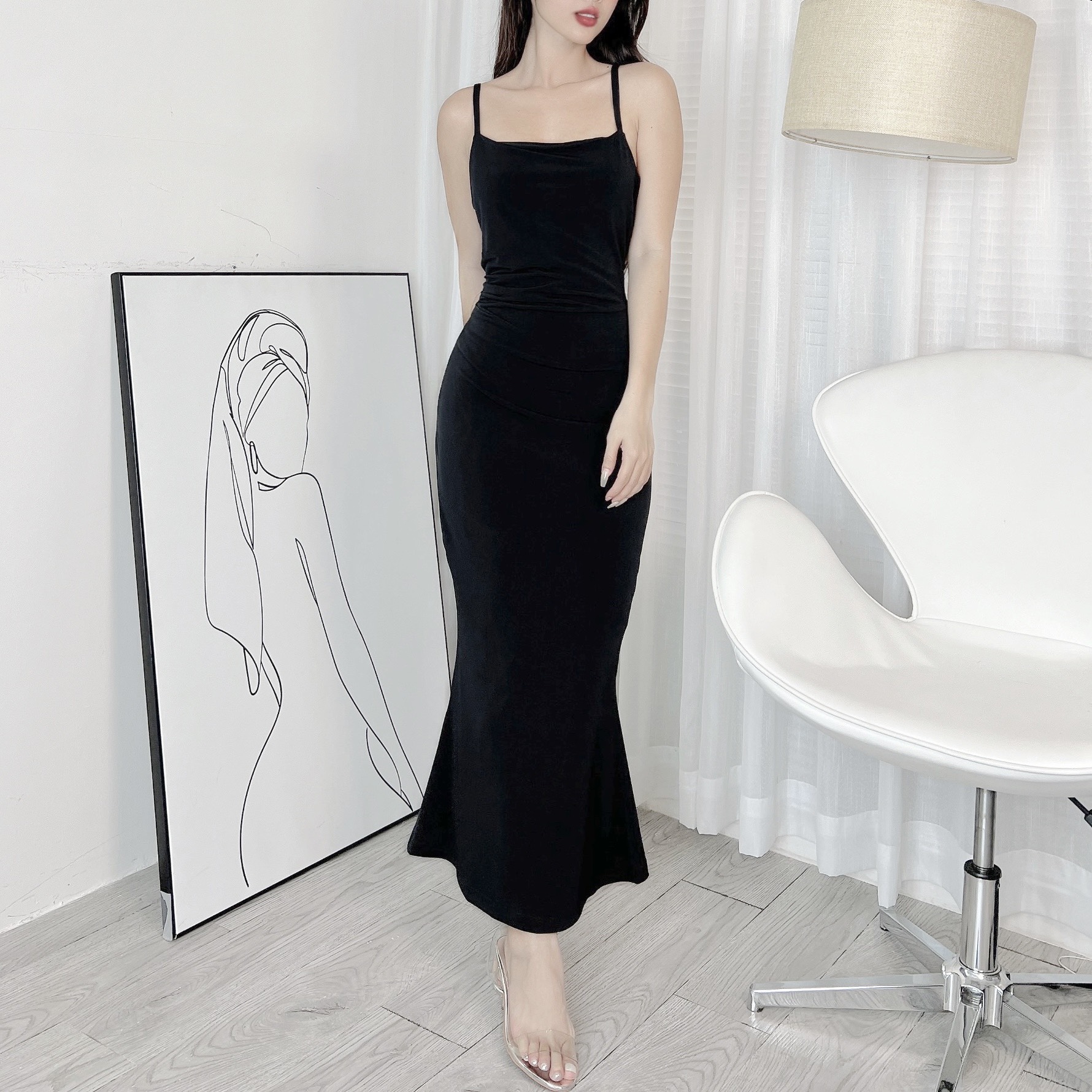 Đầm Body Trơn 2 Dây Dáng Dài Nhún Eo Chất Thun Dẻo Ladong Đi Tiệc MIMIX - EC8