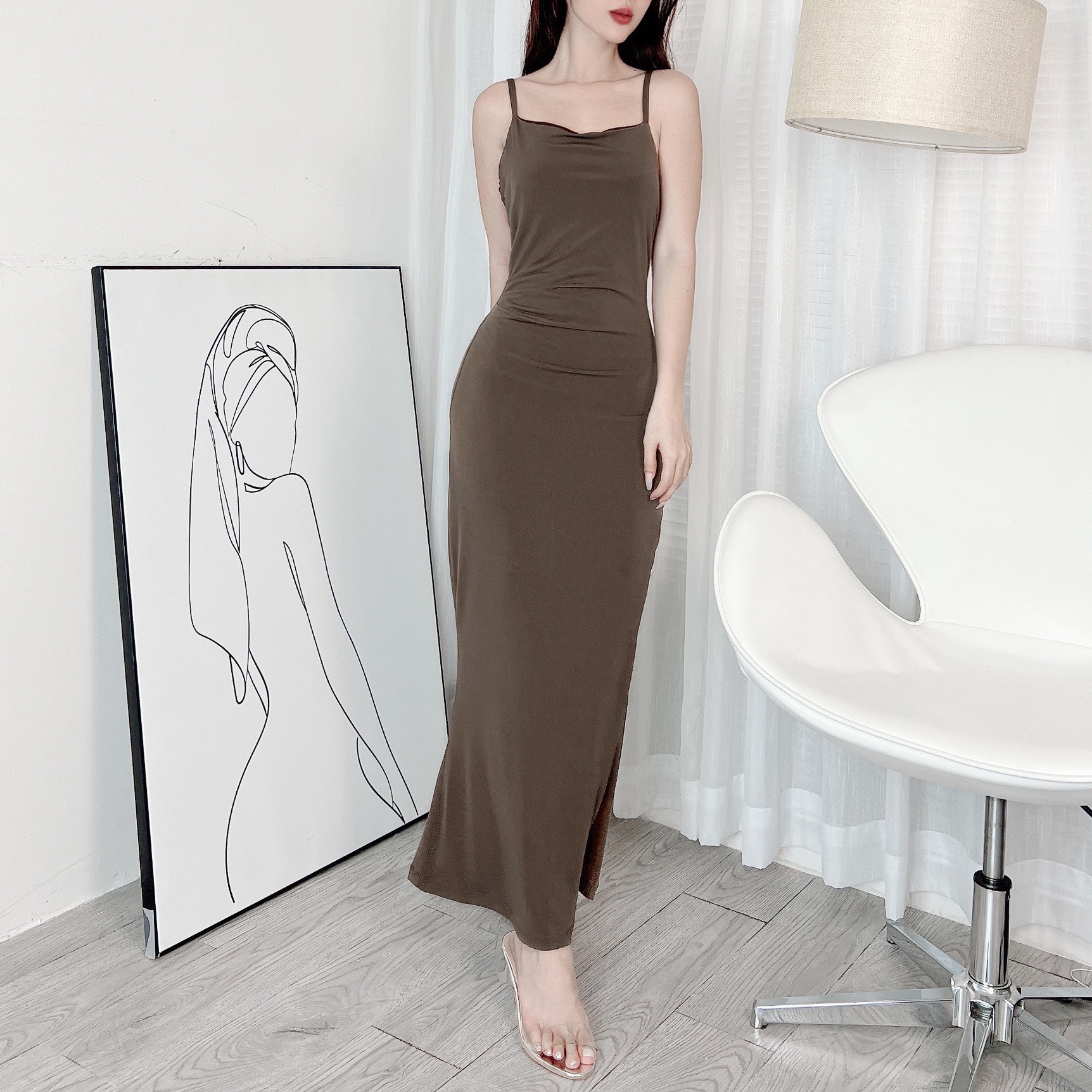 Đầm Body Trơn 2 Dây Dáng Dài Nhún Eo Chất Thun Dẻo Ladong Đi Tiệc MIMIX - EC8