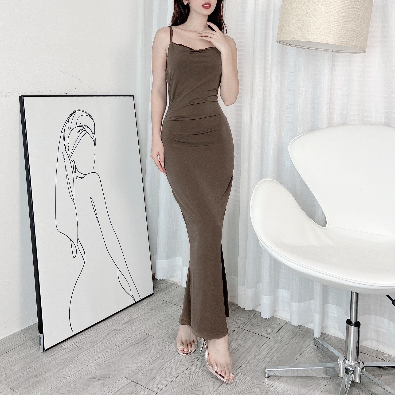 Đầm Body Trơn 2 Dây Dáng Dài Nhún Eo Chất Thun Dẻo Ladong Đi Tiệc MIMIX - EC8