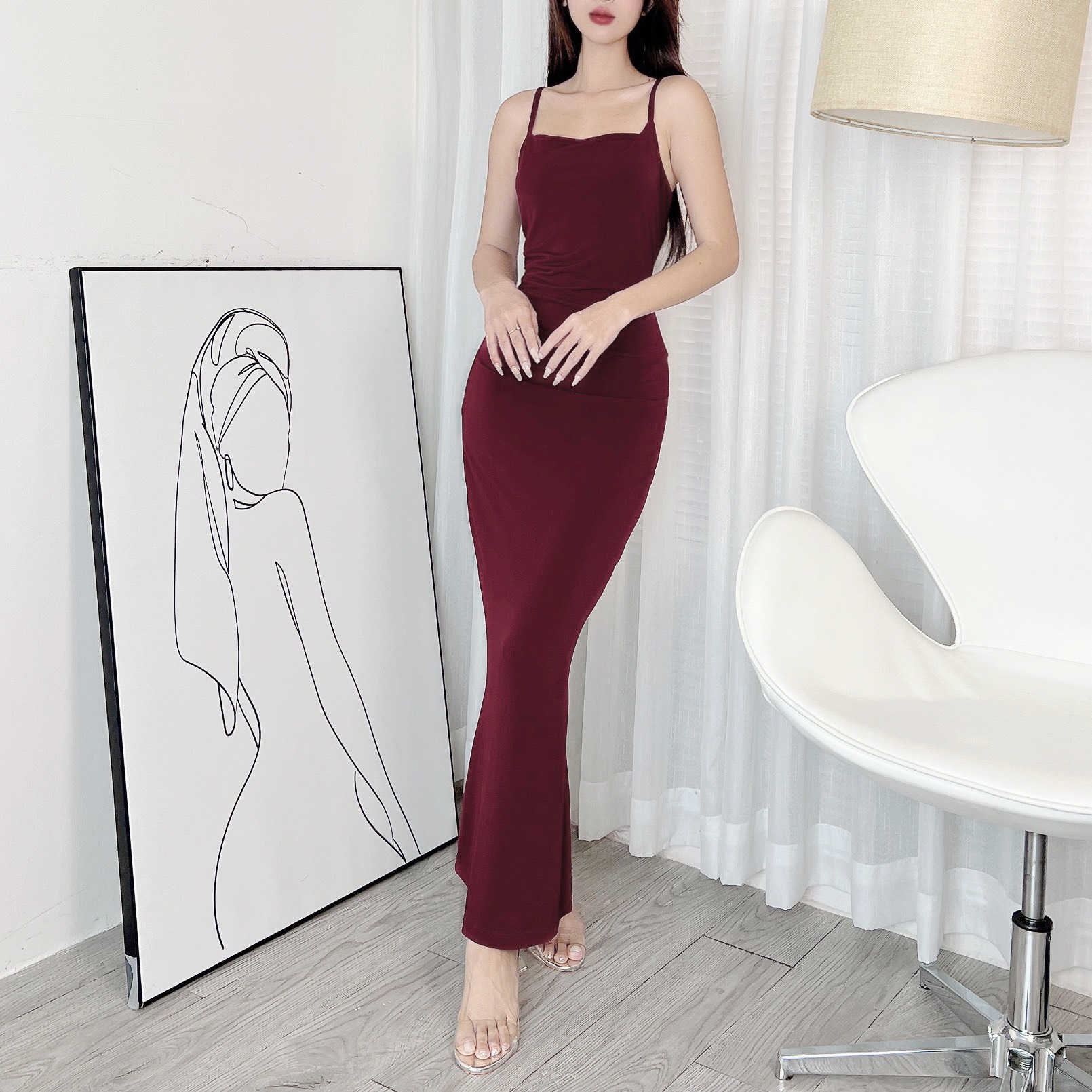 Đầm Body Trơn 2 Dây Dáng Dài Nhún Eo Chất Thun Dẻo Ladong Đi Tiệc MIMIX - EC8