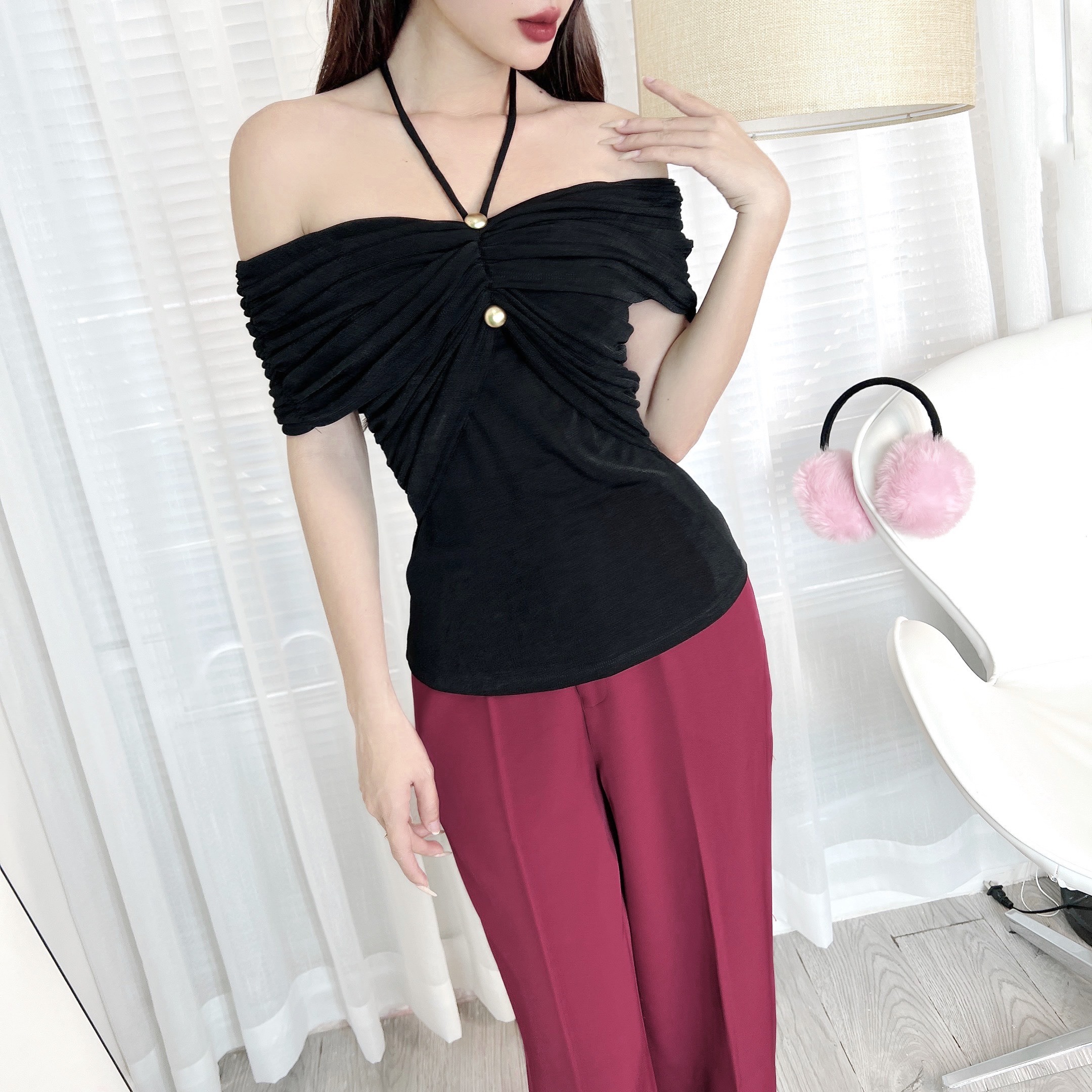 Áo Kiểu Nữ Trơn Trễ Vai Dây Yếm Nhún Tay Phối 2 Nút Chất Thun Nhũ Đi Du Lịch MIMIX - ED6