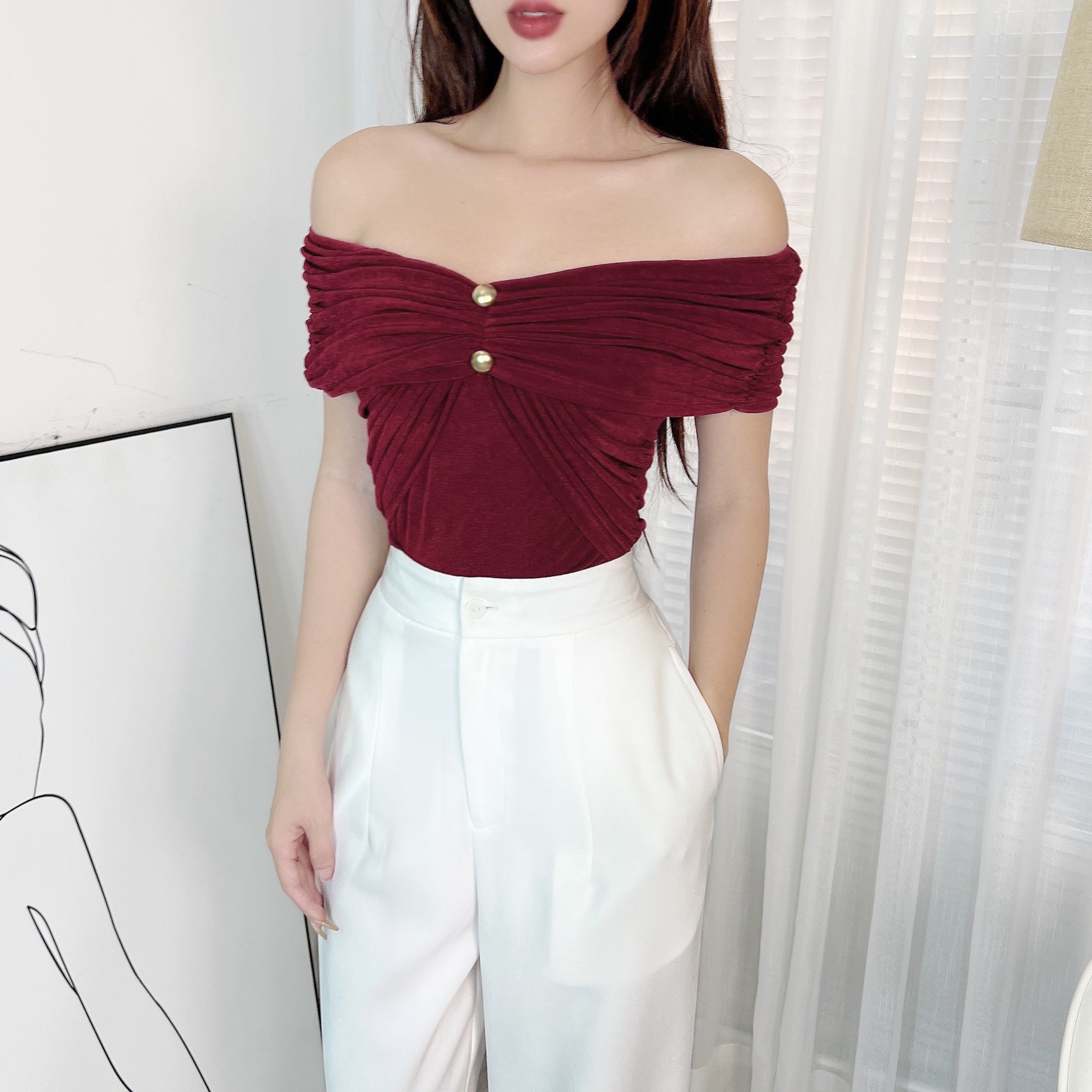 Áo Kiểu Nữ Trơn Trễ Vai Dây Yếm Nhún Tay Phối 2 Nút Chất Thun Nhũ Đi Du Lịch MIMIX - ED6