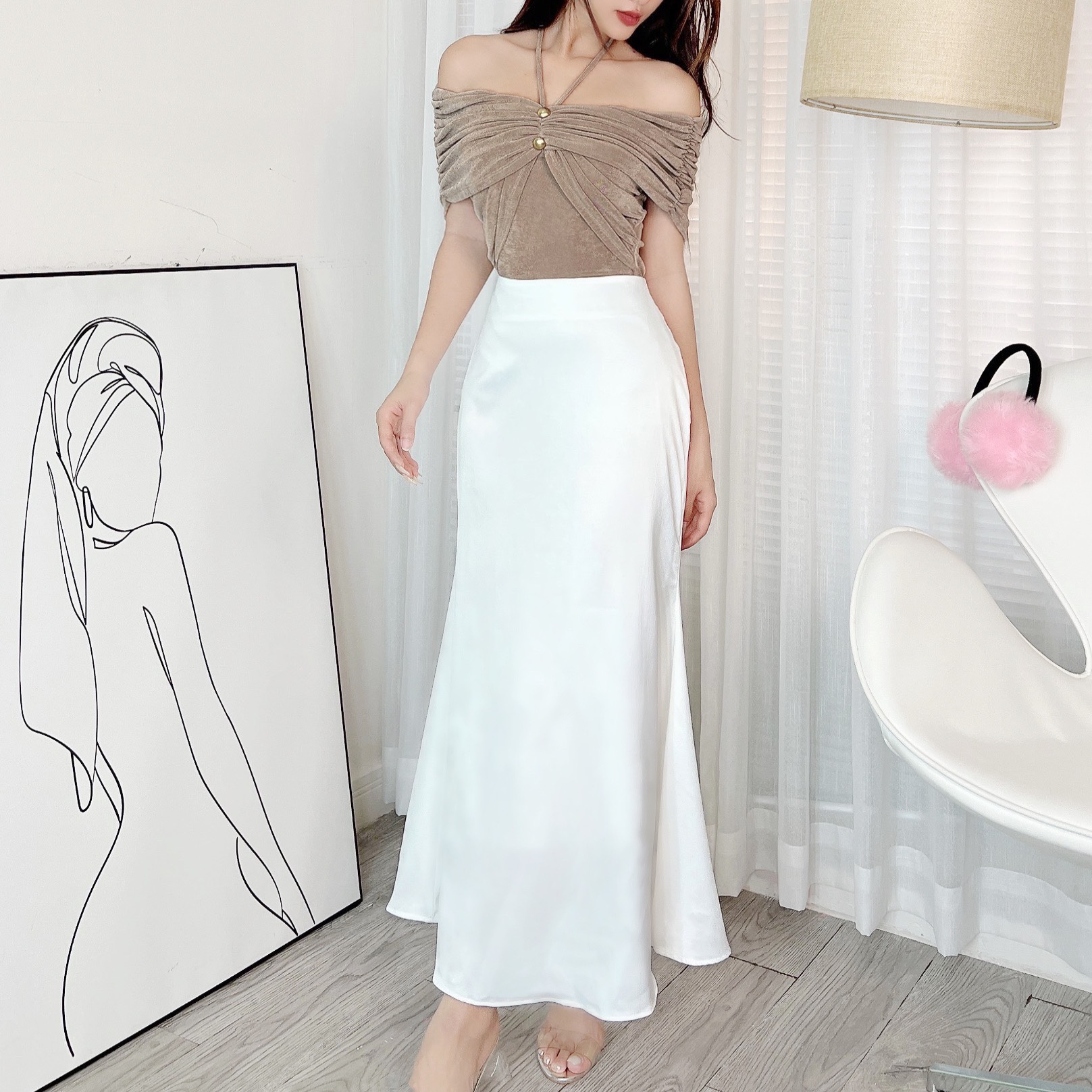 Áo Kiểu Nữ Trơn Trễ Vai Dây Yếm Nhún Tay Phối 2 Nút Chất Thun Nhũ Đi Du Lịch MIMIX - ED6