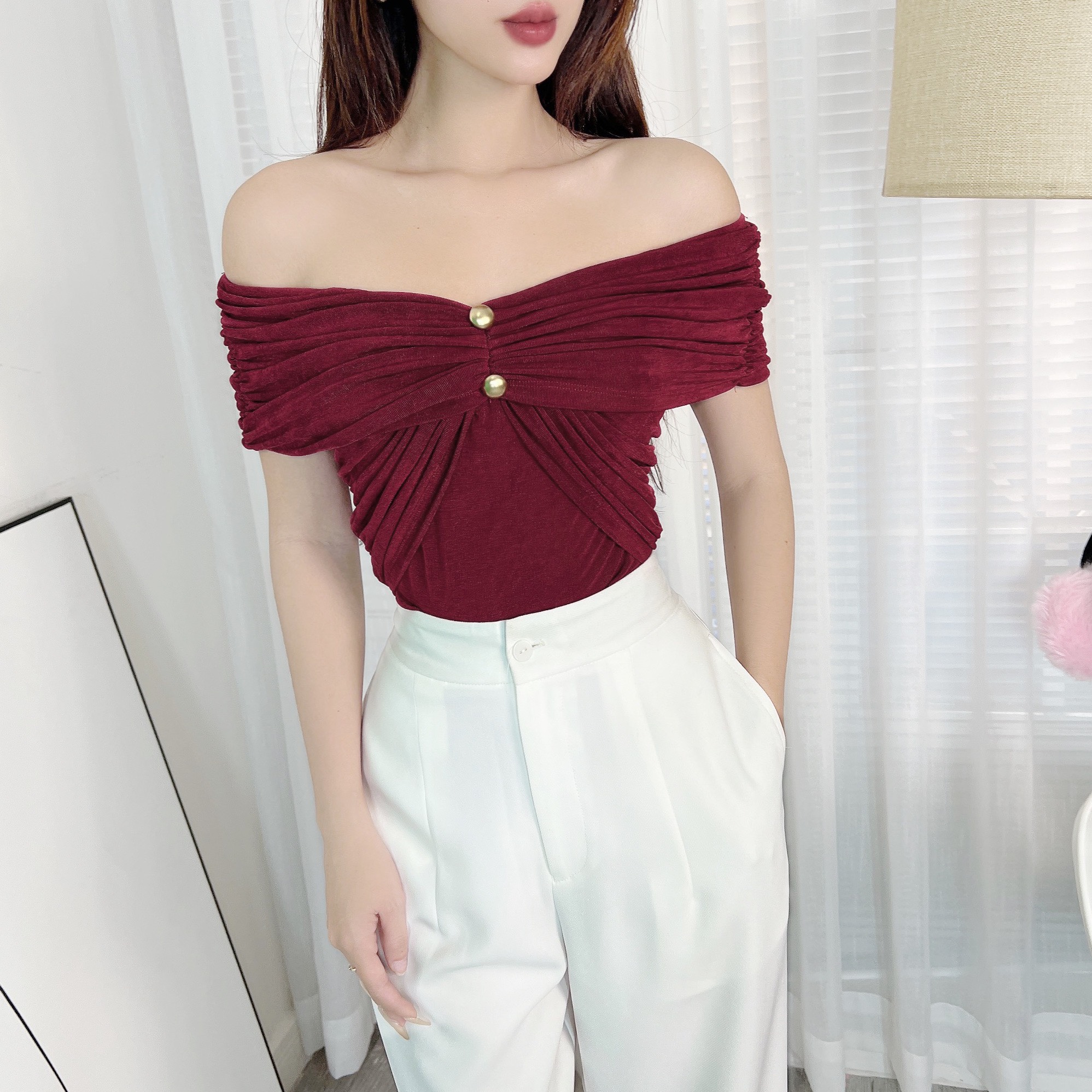 Áo Kiểu Nữ Trơn Trễ Vai Dây Yếm Nhún Tay Phối 2 Nút Chất Thun Nhũ Đi Du Lịch MIMIX - ED6