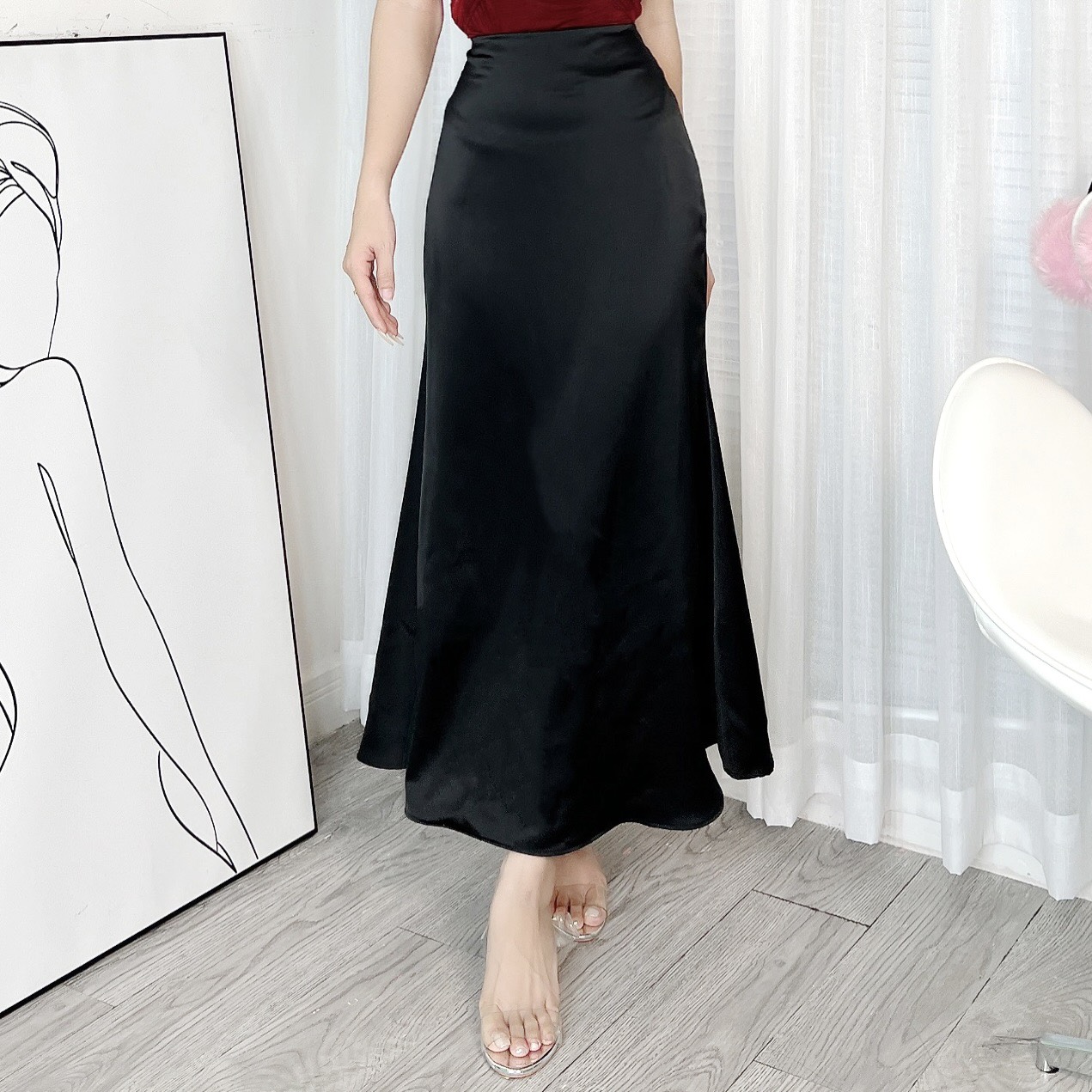 Chân Váy Lụa Trơn Dáng Dài Đuôi Cá Nữ Tính Chất Lụa Vân Gỗ Đi Tiệc Đi Làm MIMIX - DJ3