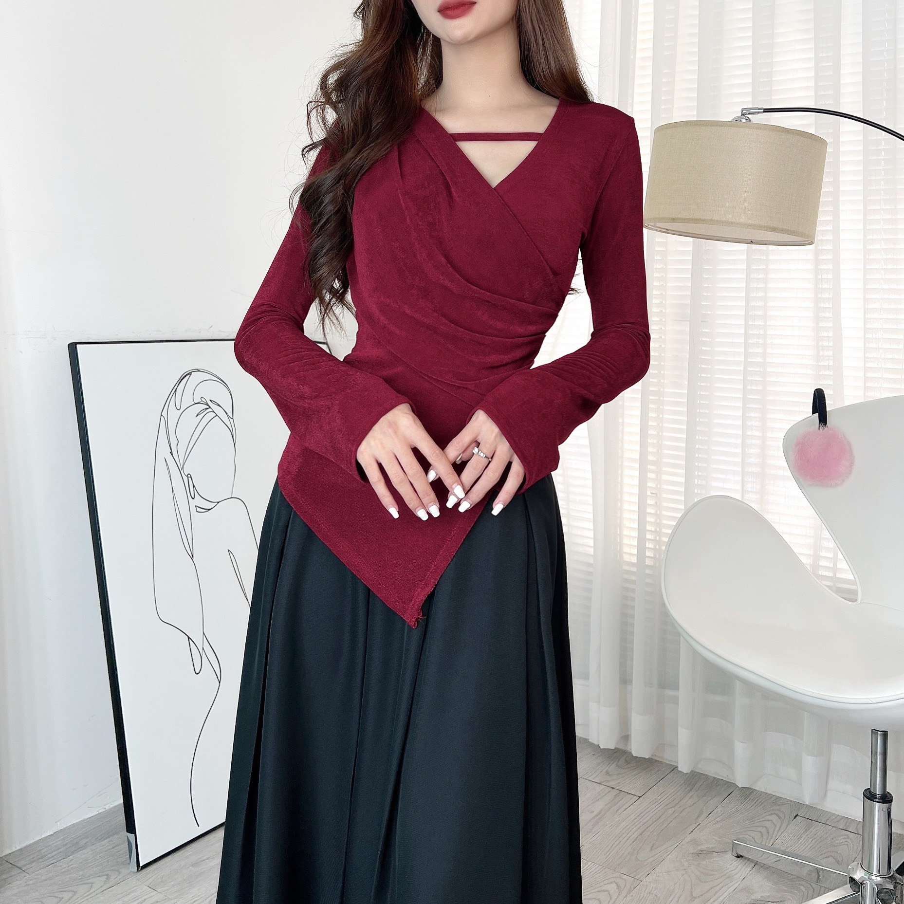 Áo Tay Dài Tà Nhọn Dây Ngực Xếp Ly Vạt Eo Chất Thun Nhũ Đi Làm Đi Chơi MIMIX - DU3