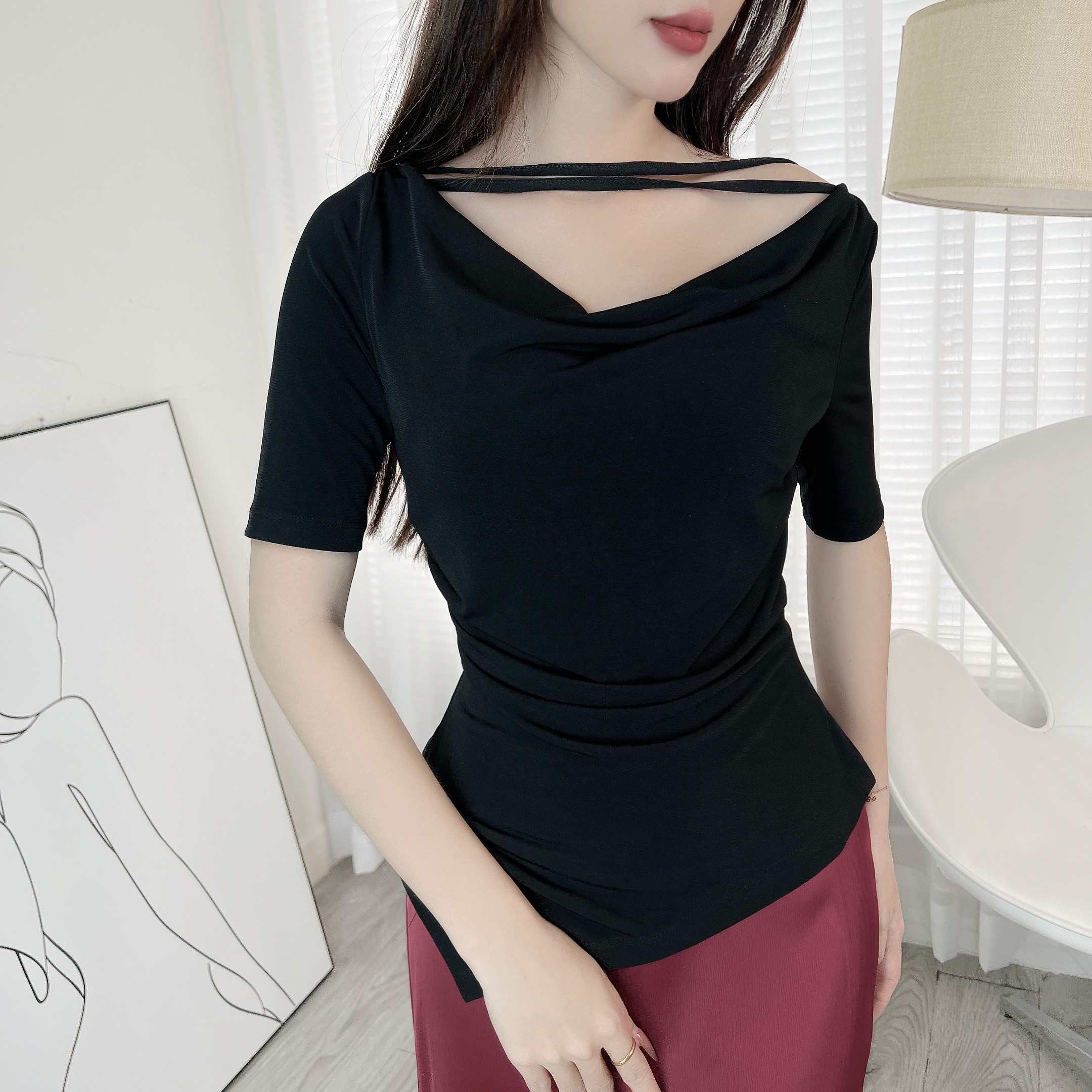 Áo Thun Nữ Tà Nhọn Phối Dây Đôi Tay Ngắn Chất Thun Lạnh Ladong Công Sở MIMIX - EE4