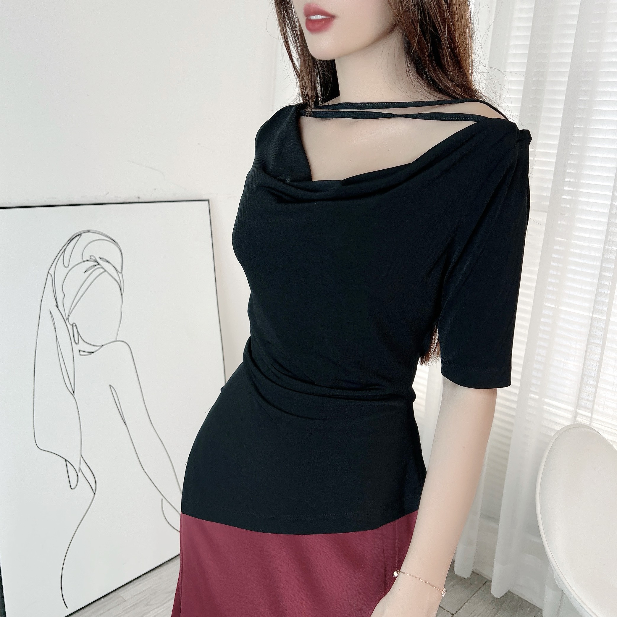 Áo Thun Nữ Tà Nhọn Phối Dây Đôi Tay Ngắn Chất Thun Lạnh Ladong Công Sở MIMIX - EE4