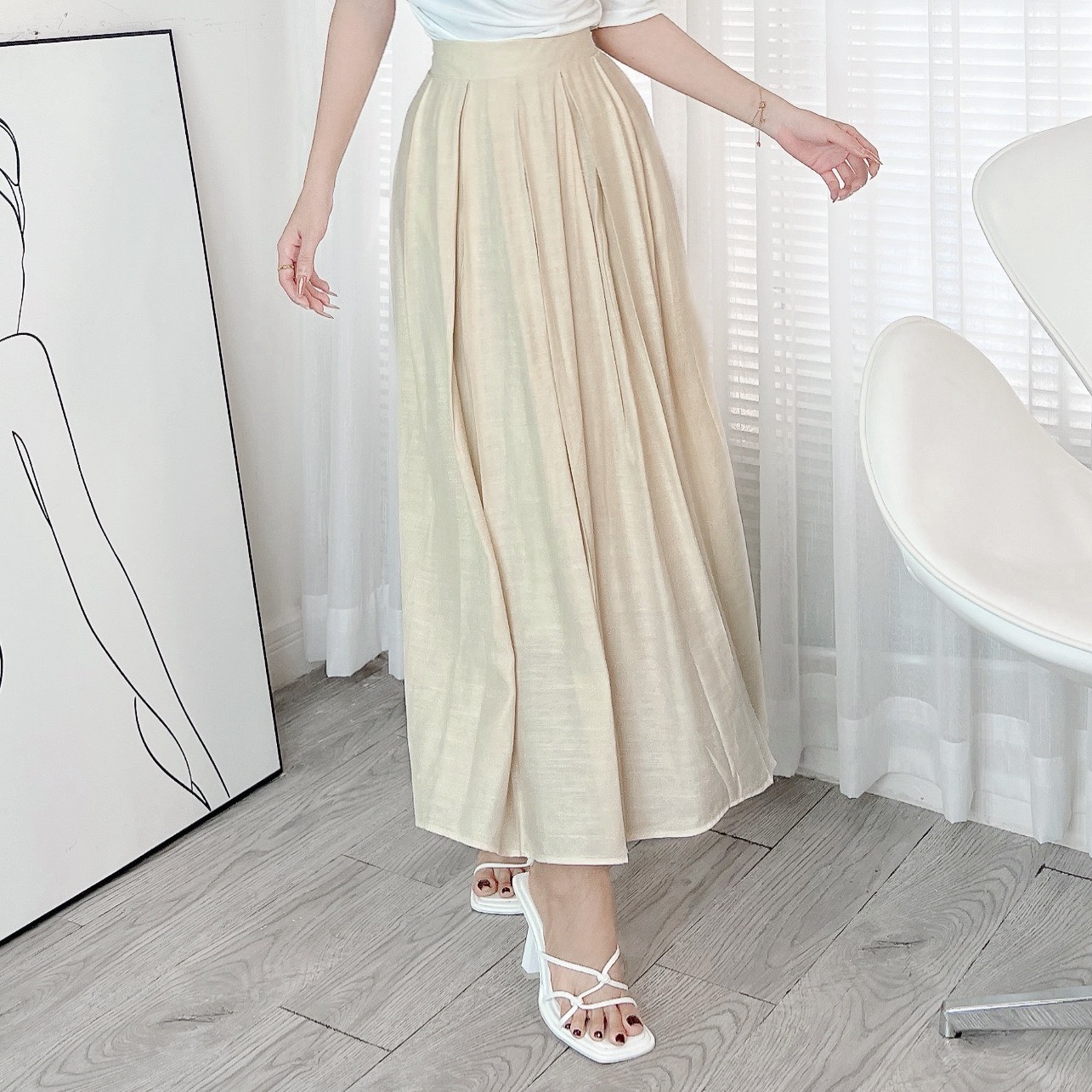Chân Váy Xếp Ly Kiểu Trơn Nữ Dáng Dài Xòe Chất Linen Lụa Đi Làm Đi Tiệc MIMIX - EE5