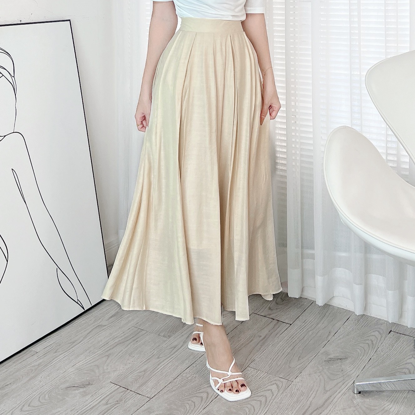Chân Váy Xếp Ly Kiểu Trơn Nữ Dáng Dài Xòe Chất Linen Lụa Đi Làm Đi Tiệc MIMIX - EE5
