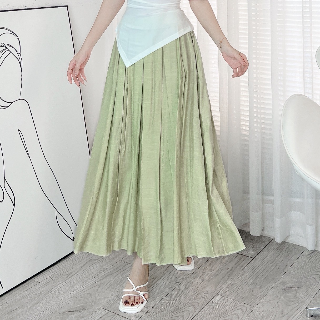 Chân Váy Xếp Ly Kiểu Trơn Nữ Dáng Dài Xòe Chất Linen Lụa Đi Làm Đi Tiệc MIMIX - EE5
