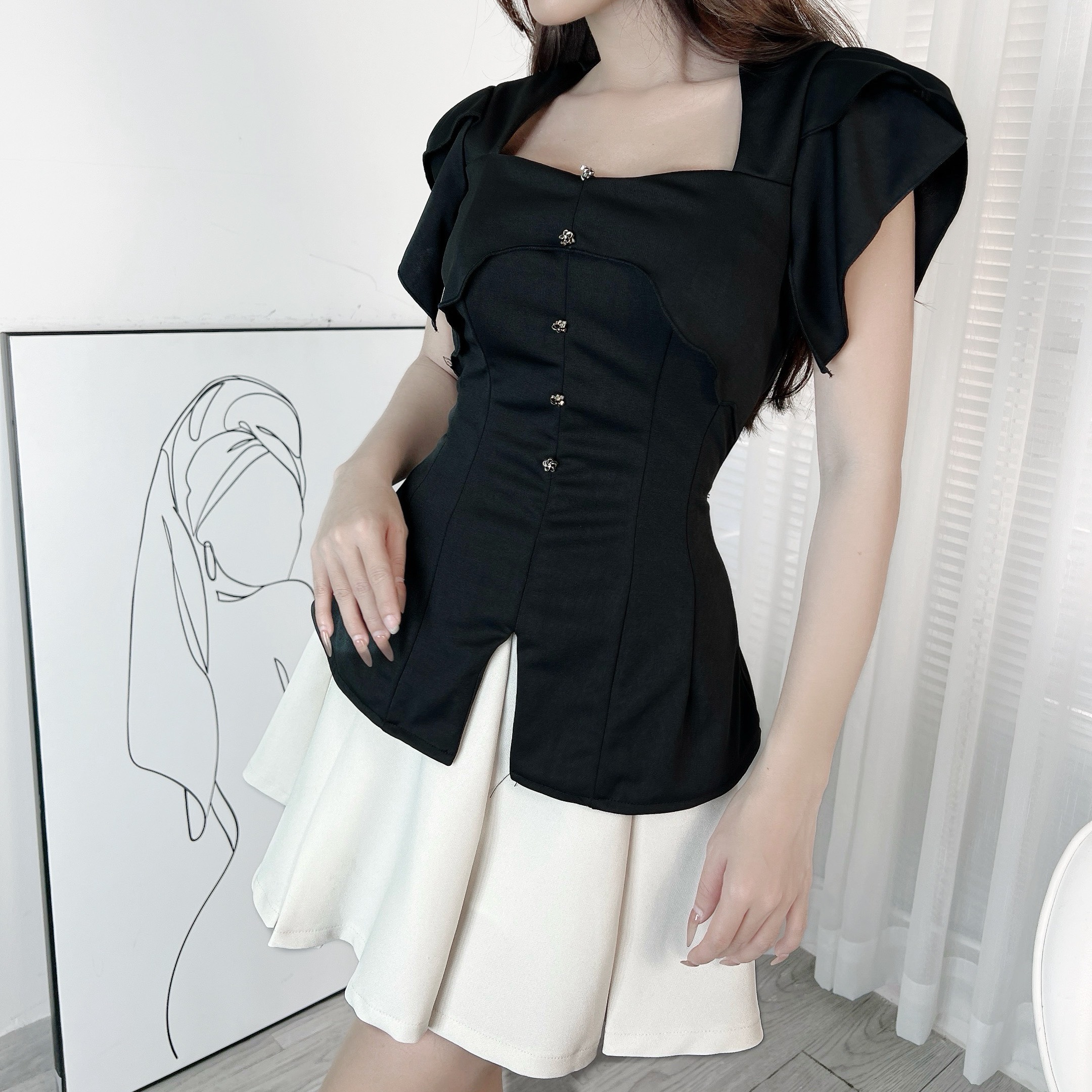 Áo Thun Cổ Vuông Nút Hoa Chất Thun Mịn Dày Đi Làm Đi Tiệc MIMIX - EE9