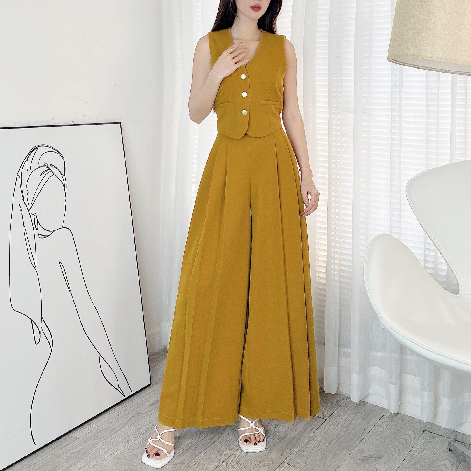 Set Bộ Nữ Áo Gile Phối Nút Mix Quần Ống Rộng Xếp Ly Chất Tuyết Mưa Đi Tiệc MIMIX - DT8