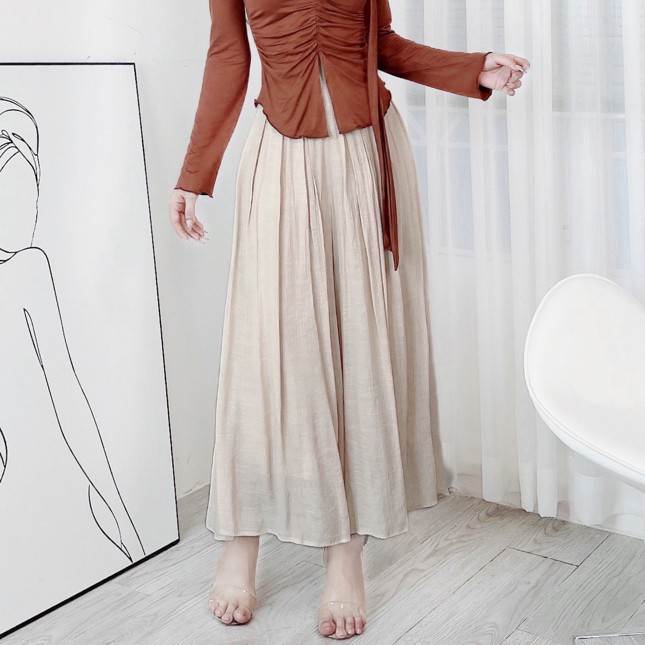 Quần Culottes Nữ Trơn Lưng V Xếp Ly Phối Dây Chất Linen Tơ Sước Đi Biển MIMIX - DQ7