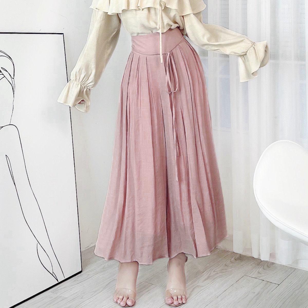 Quần Culottes Nữ Trơn Lưng V Xếp Ly Phối Dây Chất Linen Tơ Sước Đi Biển MIMIX - DQ7
