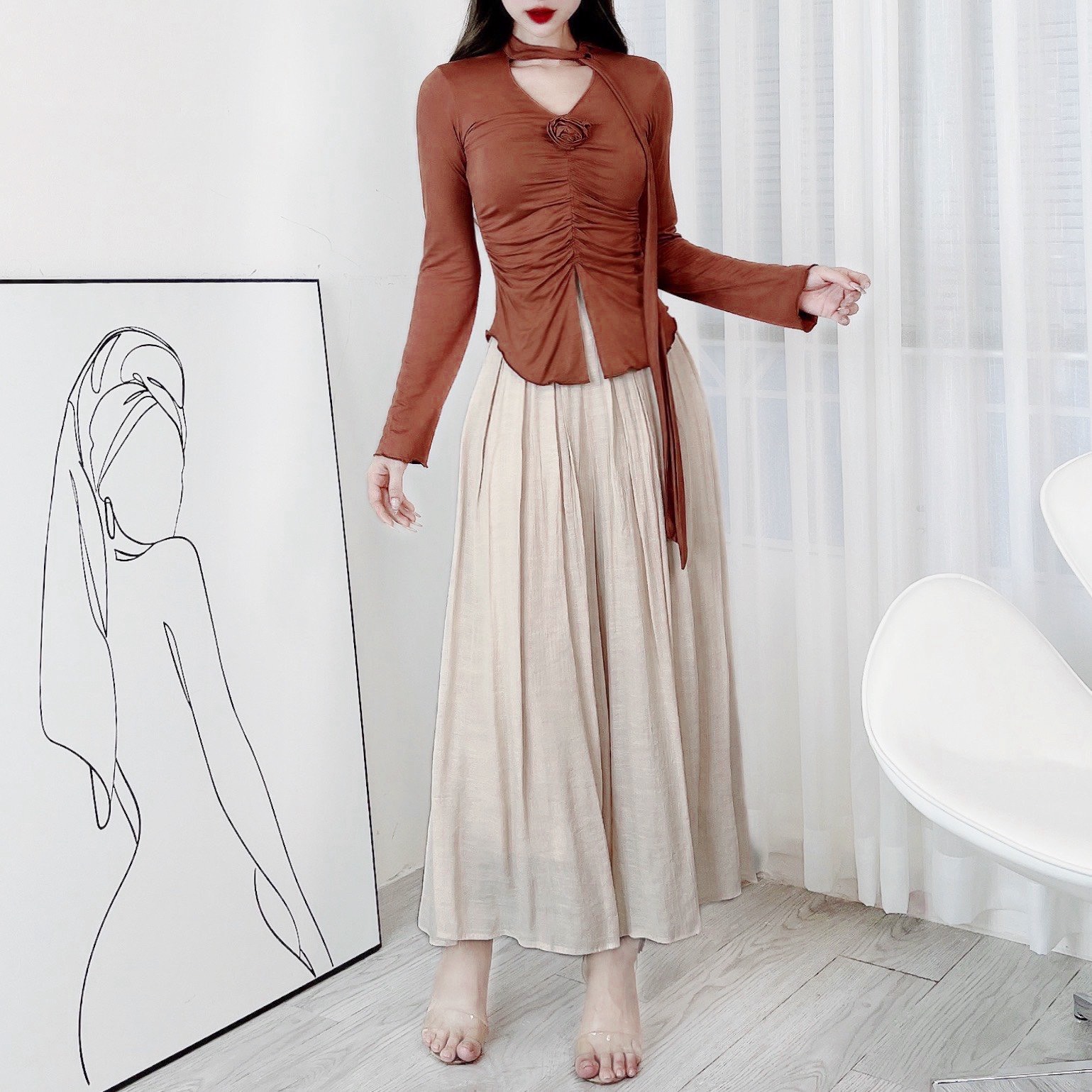 Quần Culottes Nữ Trơn Lưng V Xếp Ly Phối Dây Chất Linen Tơ Sước Đi Biển MIMIX - DQ7