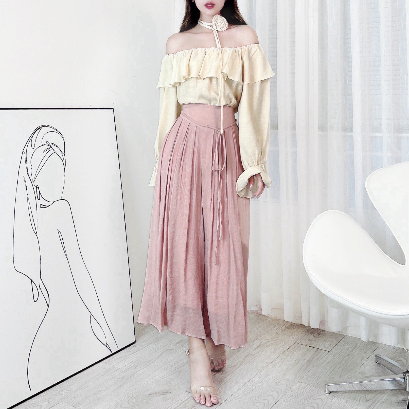 Quần Culottes Nữ Trơn Lưng V Xếp Ly Phối Dây Chất Linen Tơ Sước Đi Biển MIMIX - DQ7