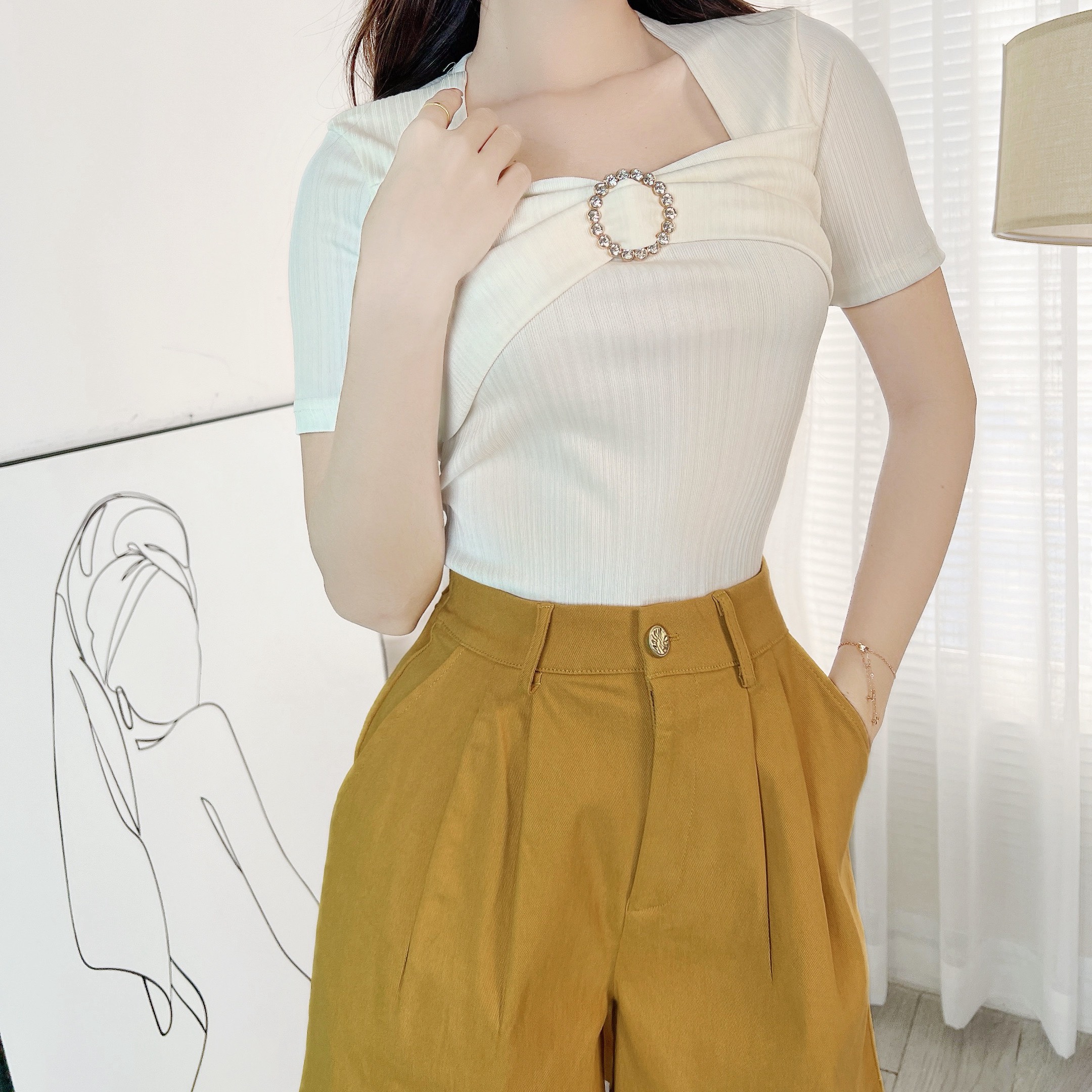 Áo Kiểu Tay Ngắn Phối Khoen Chất Thun Tăm Quảng Châu Đi Du Lịch MIMIX - EF4