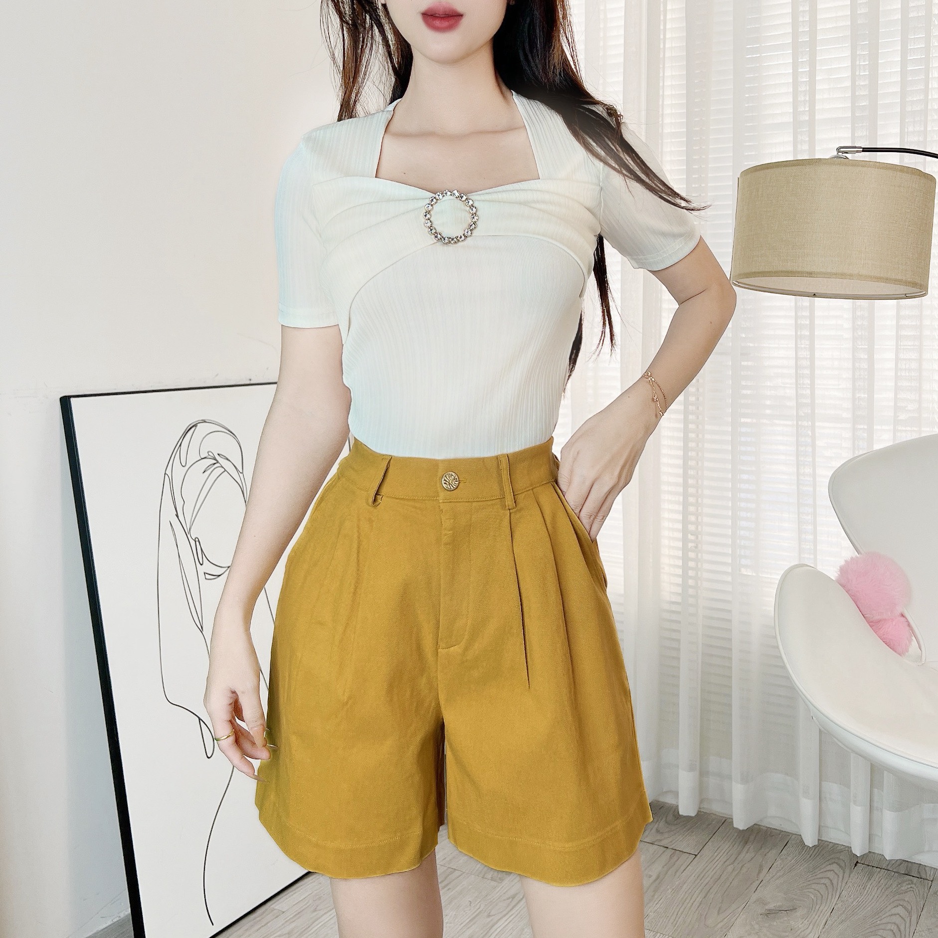 Áo Kiểu Tay Ngắn Phối Khoen Chất Thun Tăm Quảng Châu Đi Du Lịch MIMIX - EF4