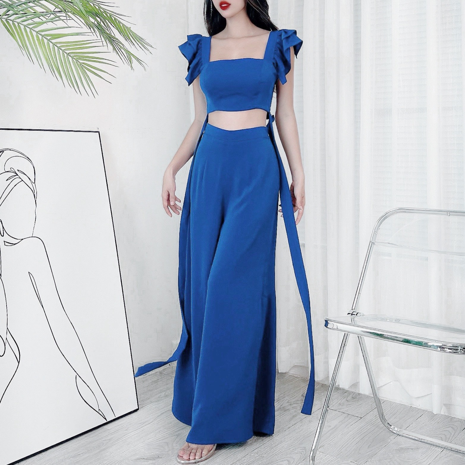 Set Bộ Áo Croptop Tay Cánh Tiên Kèm Quần Dài Suông Xẻ Chất Lụa Mango Đi Biển MIMIX - DI9