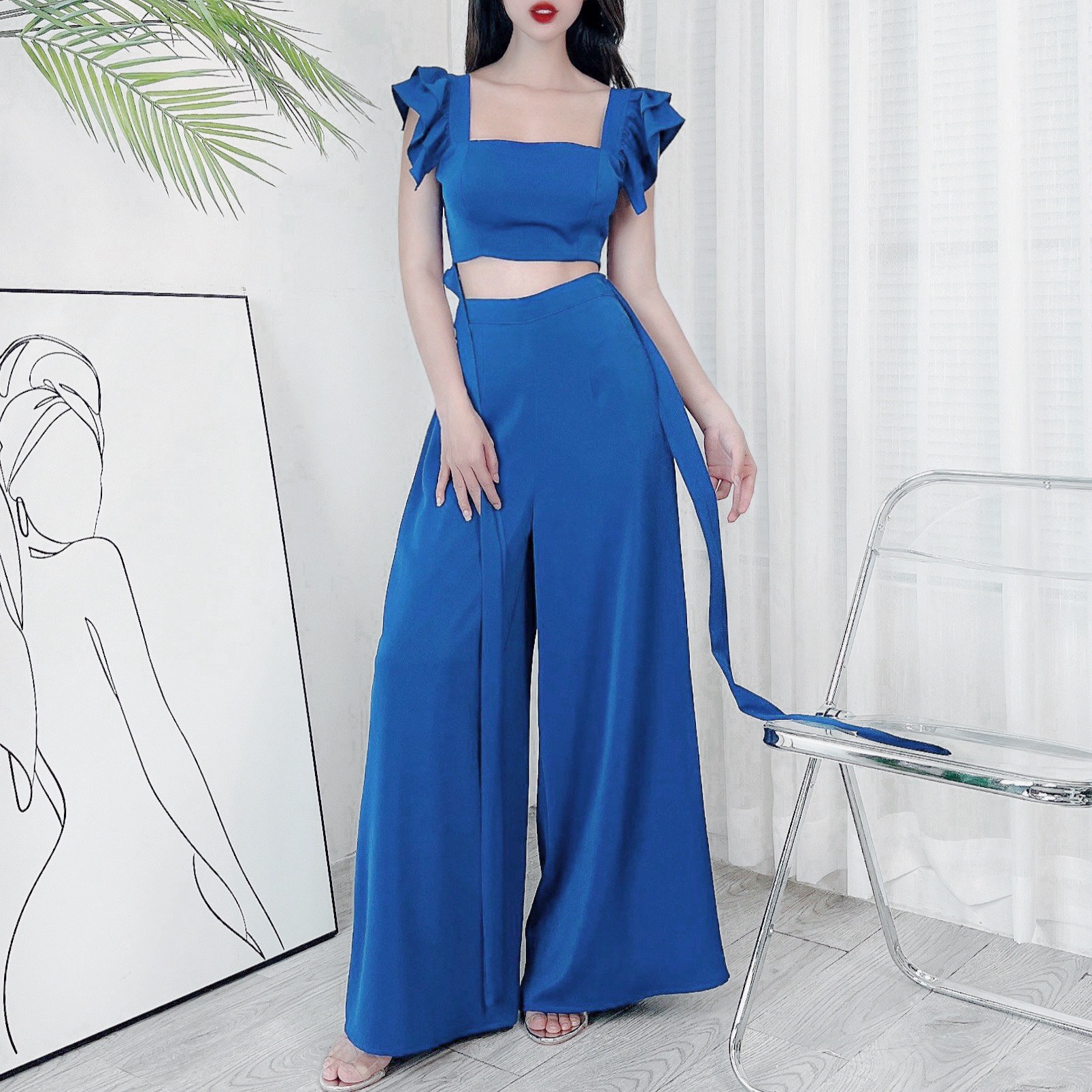 Set Bộ Áo Croptop Tay Cánh Tiên Kèm Quần Dài Suông Xẻ Chất Lụa Mango Đi Biển MIMIX - DI9