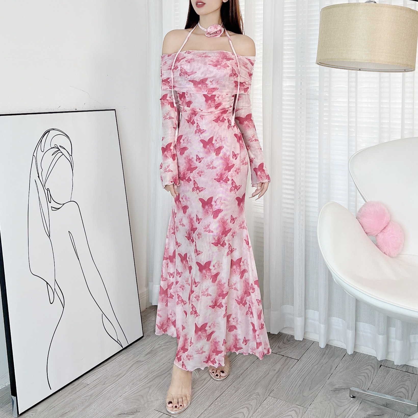 Đầm Body Tay Dài Trễ Vai Dáng Dài Chất Thun Lưới In Hoa QC Đi Tiệc Đi Du Lịch MIMIX - DZ6