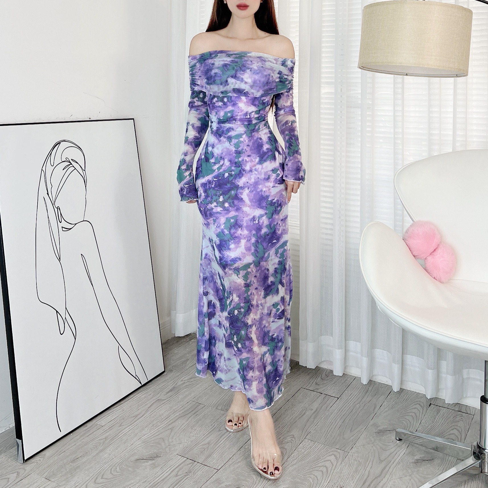 Đầm Body Tay Dài Trễ Vai Dáng Dài Chất Thun Lưới In Hoa QC Đi Tiệc Đi Du Lịch MIMIX - DZ6