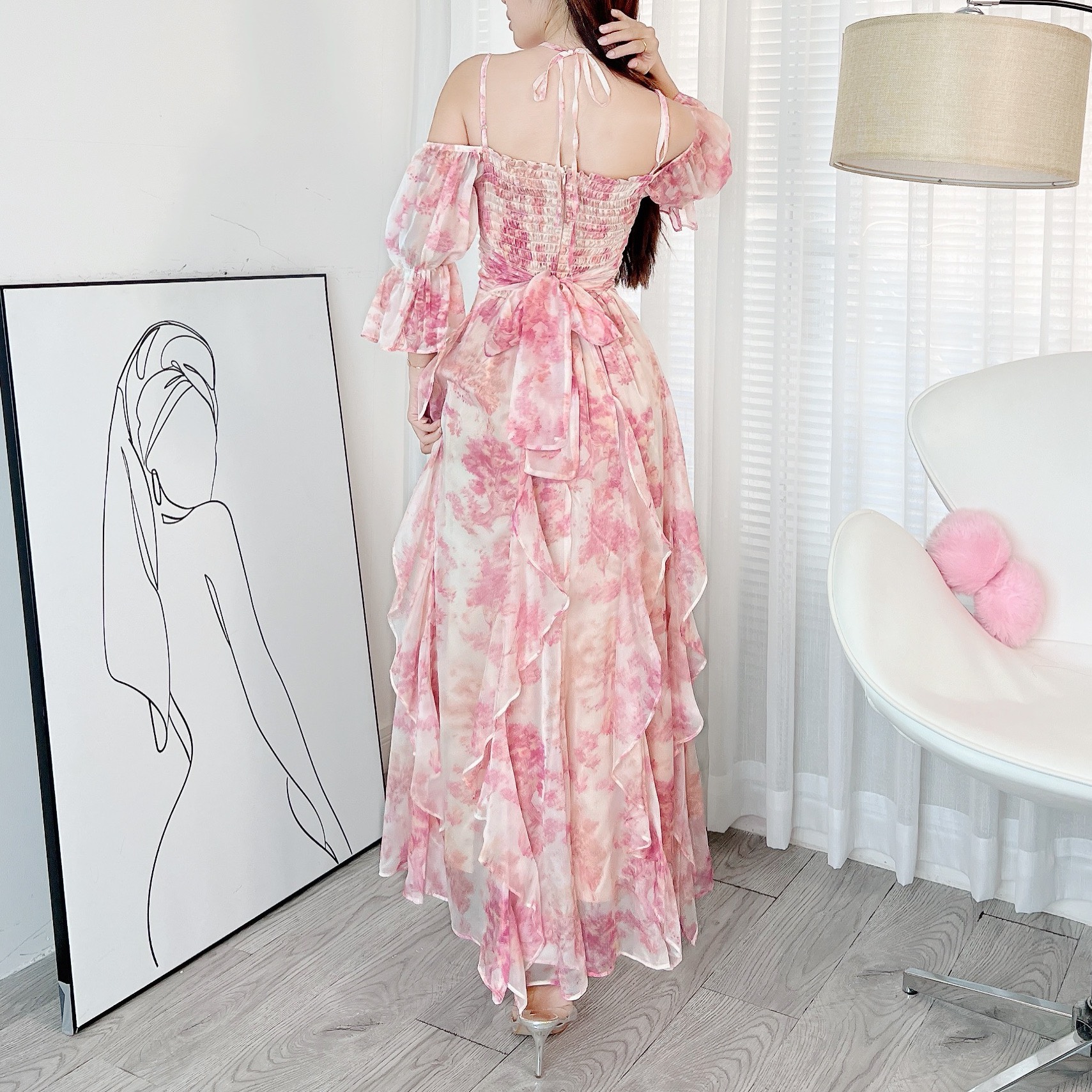 Đầm Maxi Hoa Bèo Dọc Xếp Ly Eo Tay Lửng Dáng Dài Tặng Kèm Hoa Chất Tơ Sước Nhũ In Hoa Đi Biển MIMIX - DE6
