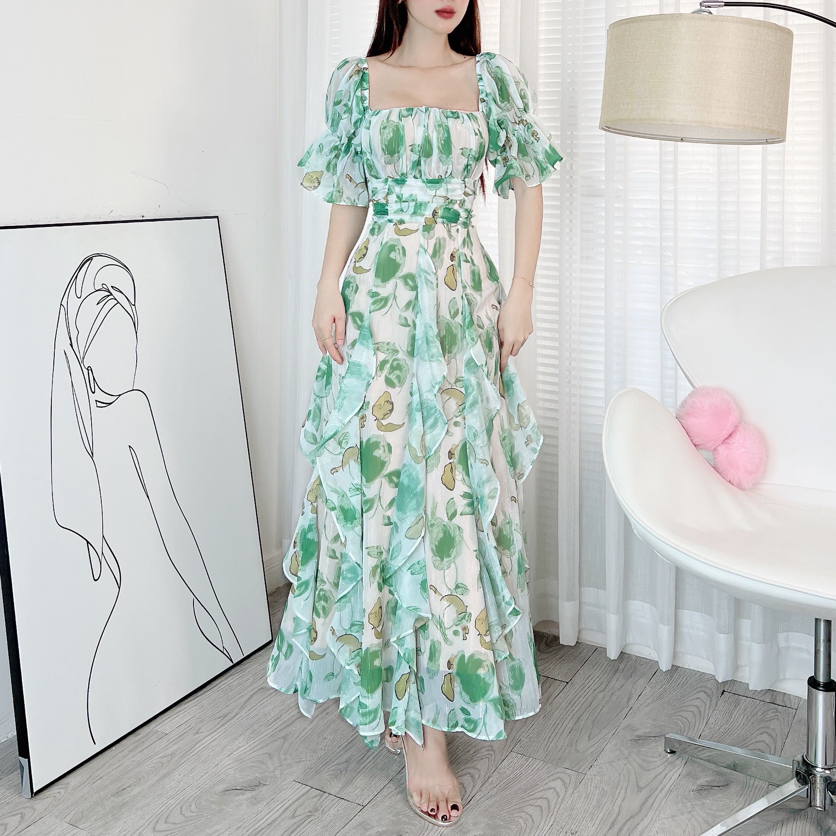 Đầm Maxi Hoa Bèo Dọc Xếp Ly Eo Tay Lửng Dáng Dài Tặng Kèm Hoa Chất Tơ Sước Nhũ In Hoa Đi Biển MIMIX - DE6
